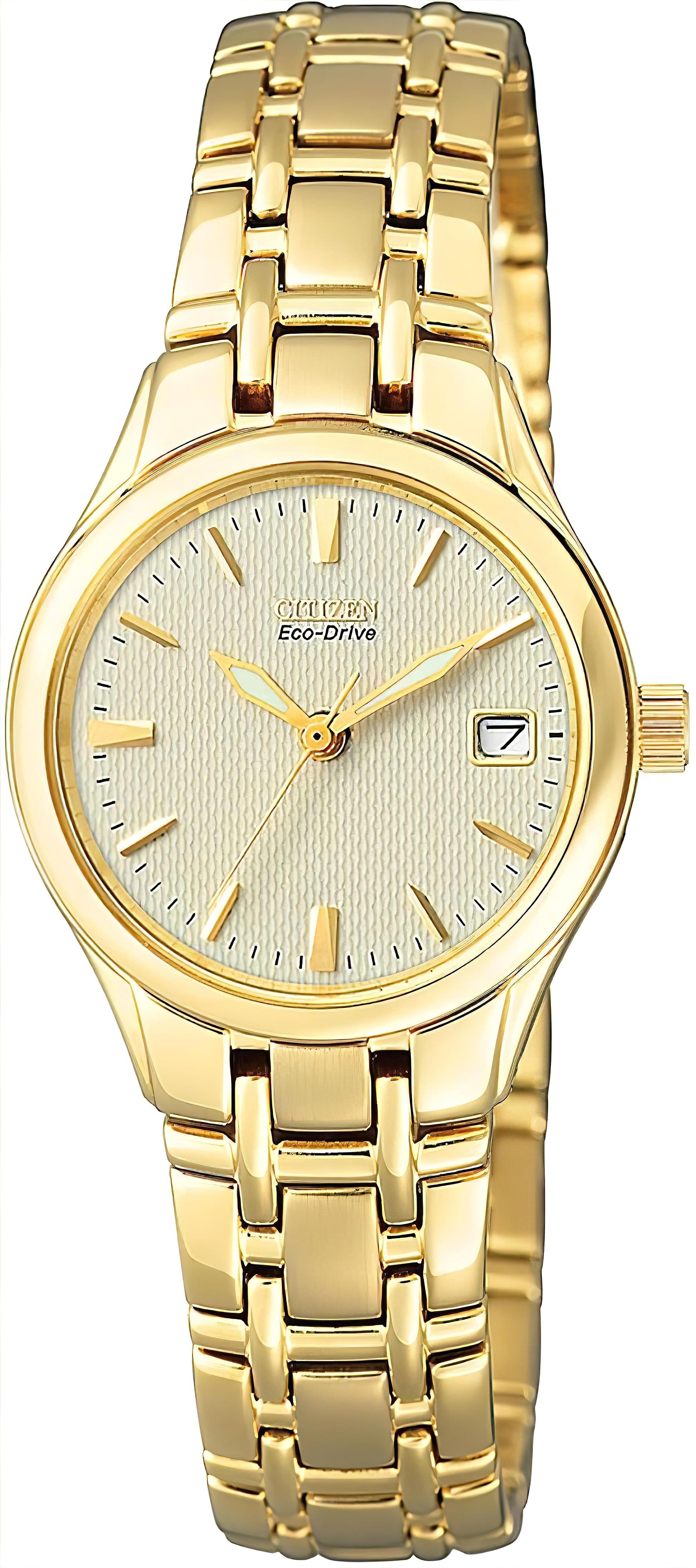 Citizen Eco-Drive Damenuhr mit goldfarbenem Edelstahlarmband und rundem Zifferblatt