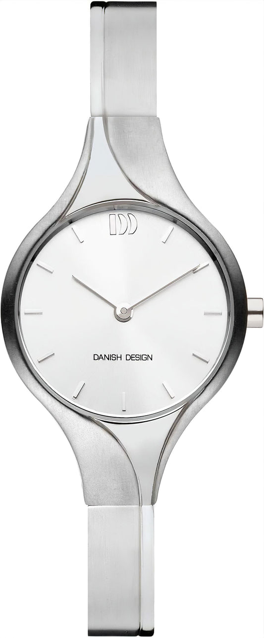 Damenuhr mit silbernem Metallarmband, rundem Gehäuse und weißem Zifferblatt, minimaler Zeitanzeige