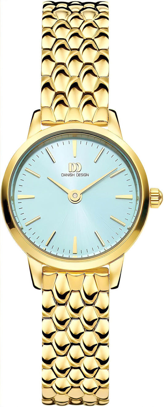 Danish Design Damenuhr aus Edelstahl 3320353 mit goldenem Armband und blauem Zifferblatt.