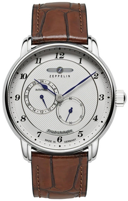 Herrenautomatik-Uhr Zeppelin mit braunem Lederarmband, silbernem Gehäuse und weißem Zifferblatt