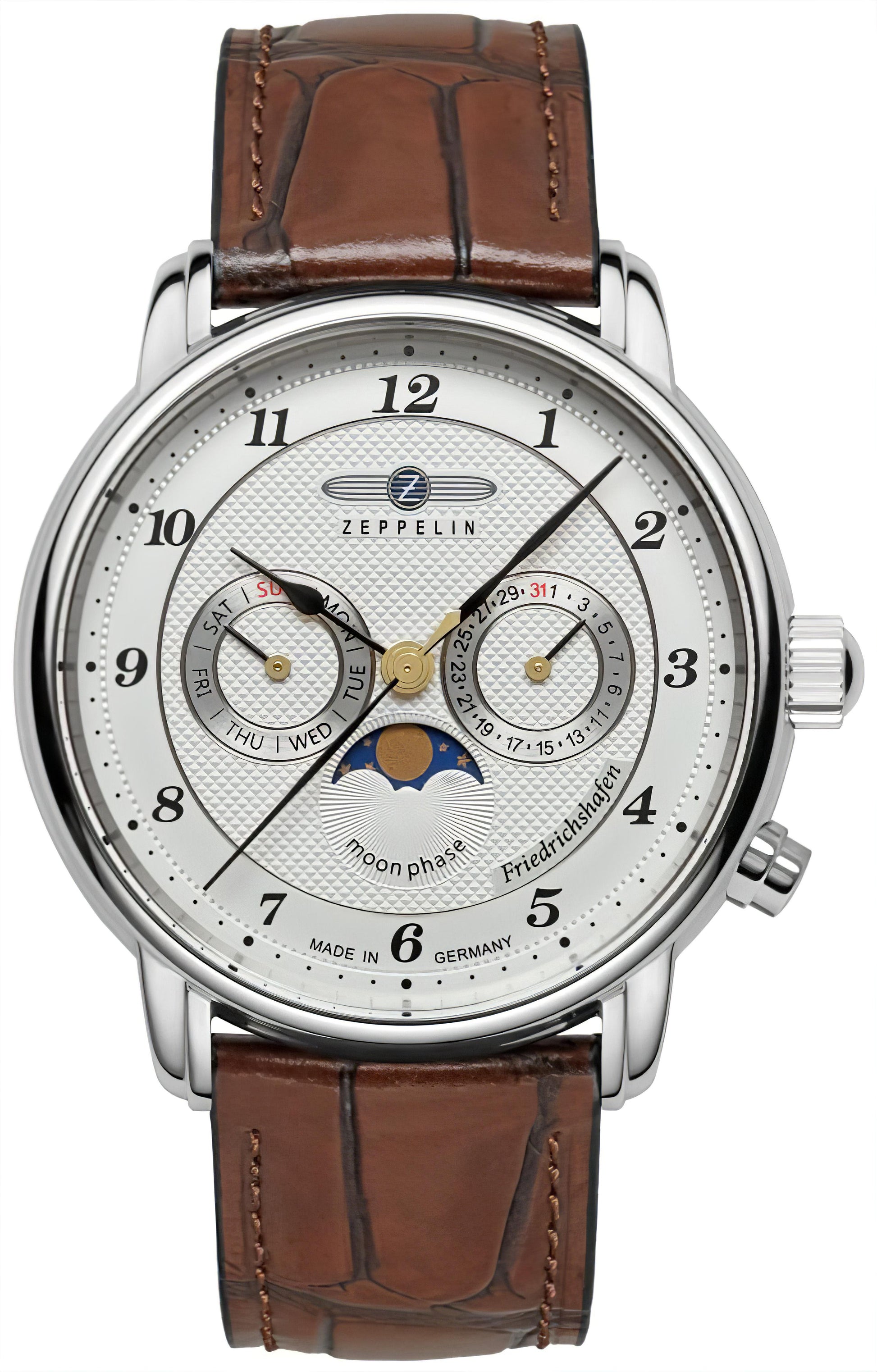 Herren-Uhr mit Mondphasenanzeige, silbernem Gehäuse und braunem Lederarmband