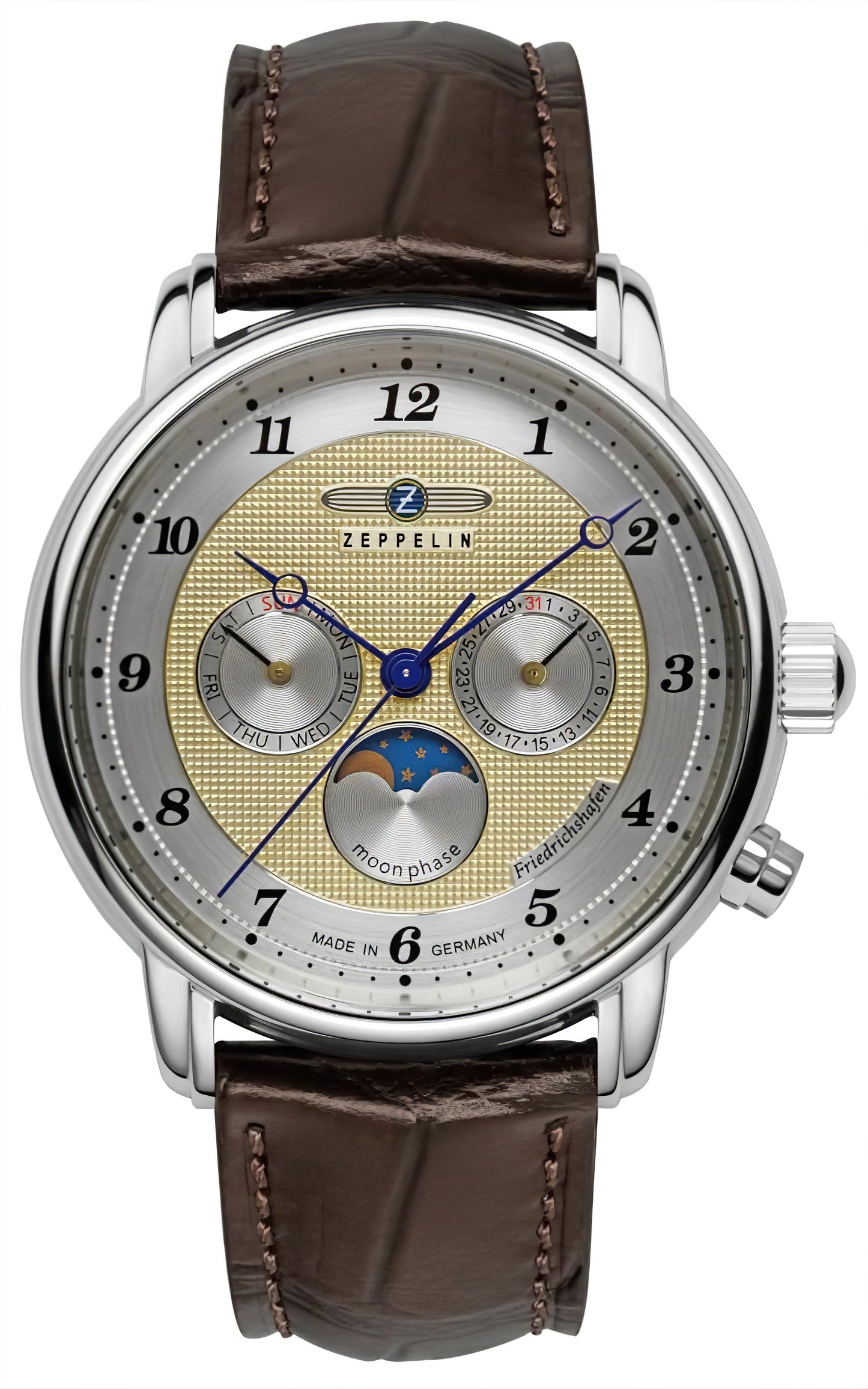 Zeppelin Herrenuhr mit braunem Lederarmband, silbernem Gehäuse und beigem Zifferblatt