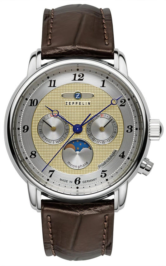 Zeppelin Herrenuhr mit braunem Lederarmband, silbernem Gehäuse und beigem Zifferblatt