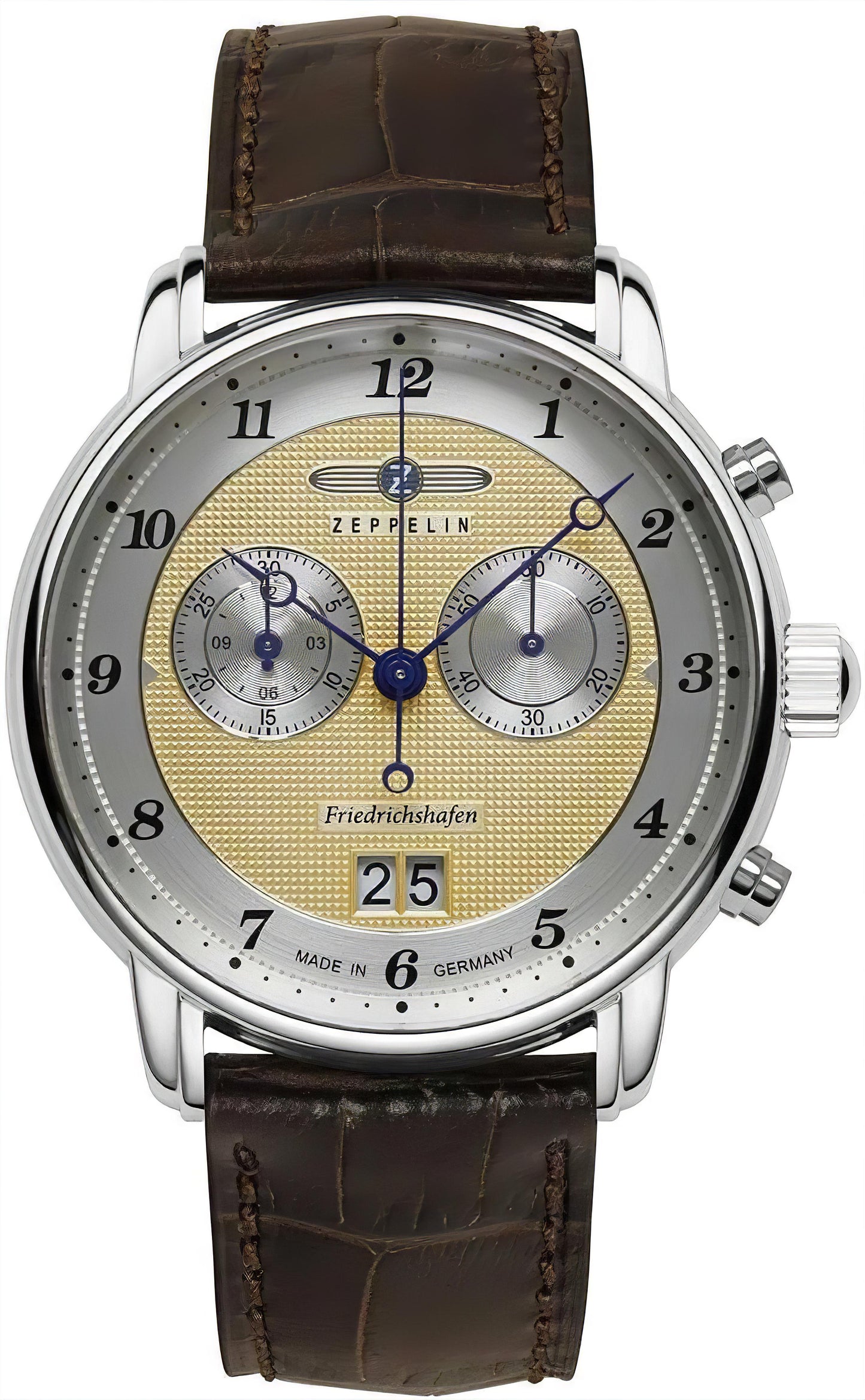 Zeppelin Herrenuhr mit braunem Lederarmband, rundem Metallgehäuse und beigem Zifferblatt