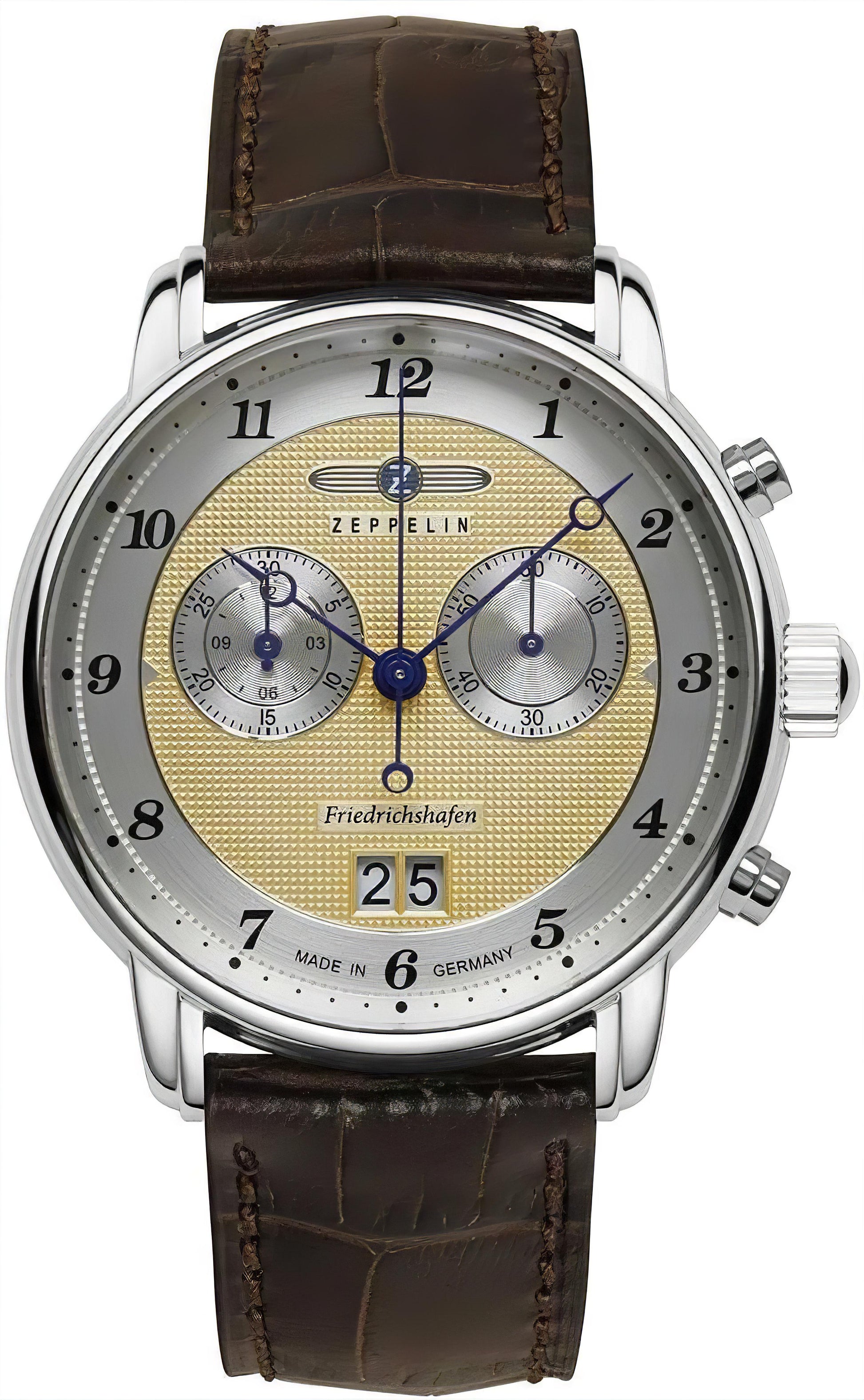 Zeppelin Herrenuhr mit braunem Lederarmband, rundem Metallgehäuse und beigem Zifferblatt