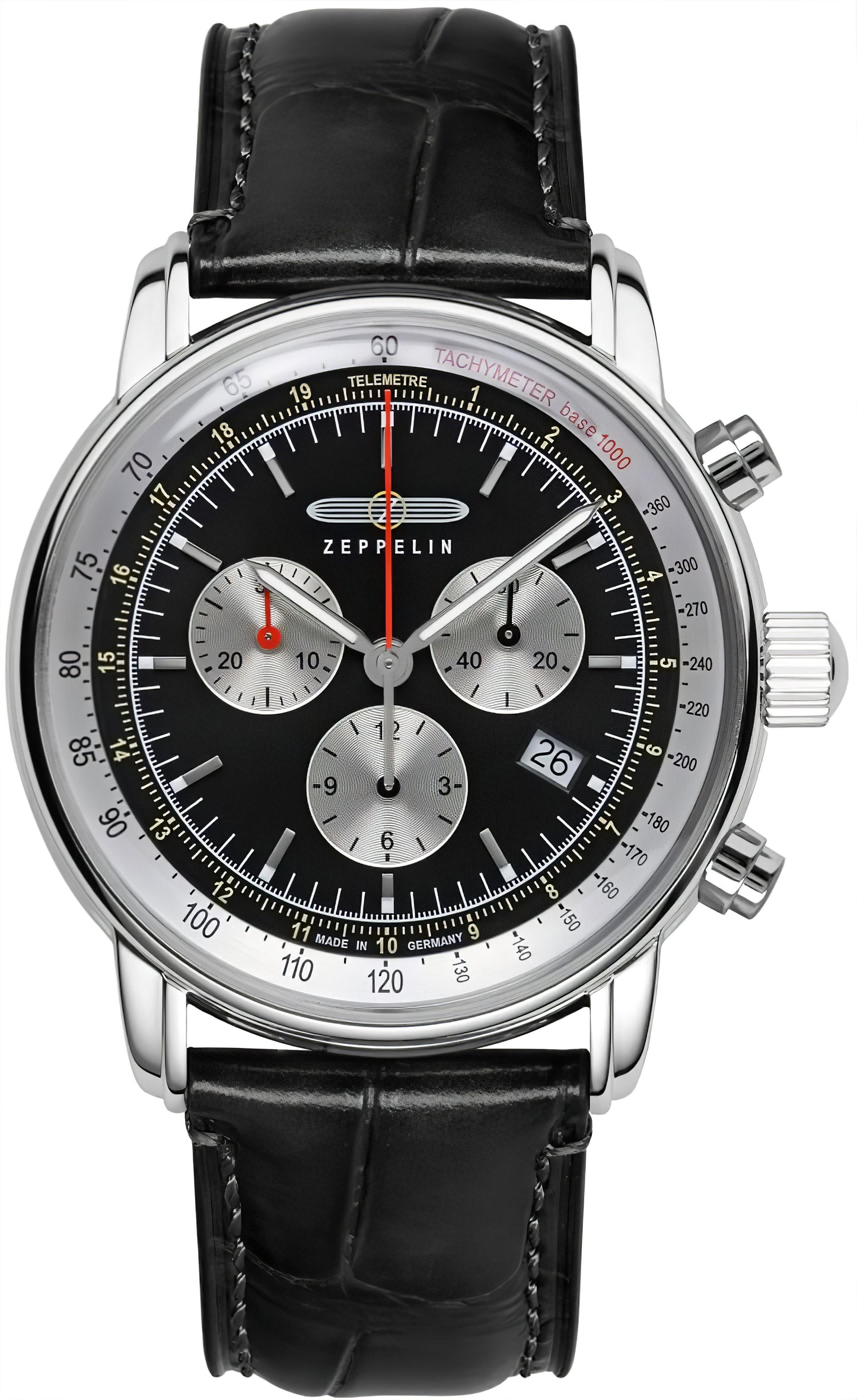Zeppelin Chronograph-Herrenuhr: schwarzes Lederarmband, silbernes Gehäuse, schwarzes Zifferblatt