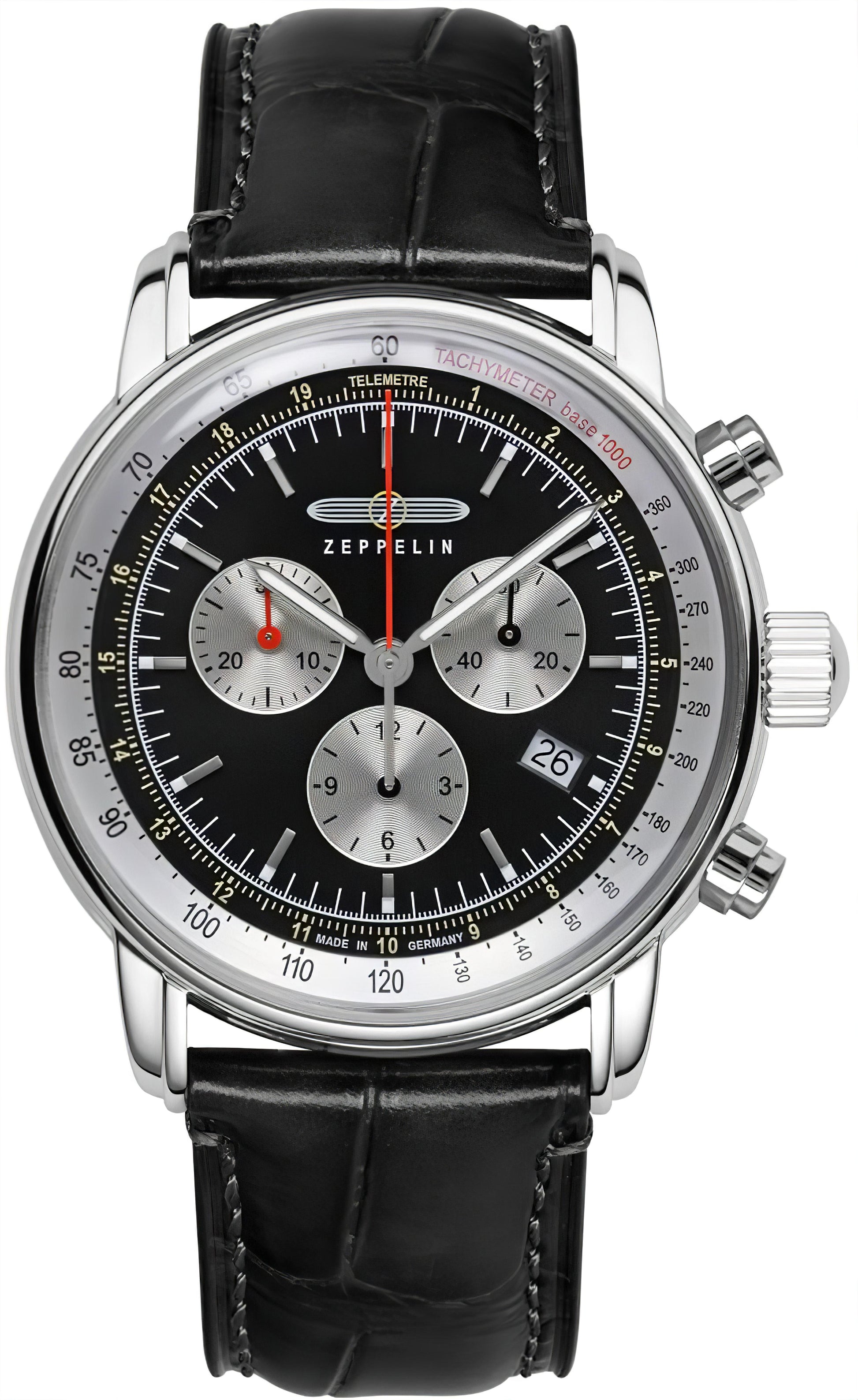 Zeppelin Chronograph-Herrenuhr: schwarzes Lederarmband, silbernes Gehäuse, schwarzes Zifferblatt