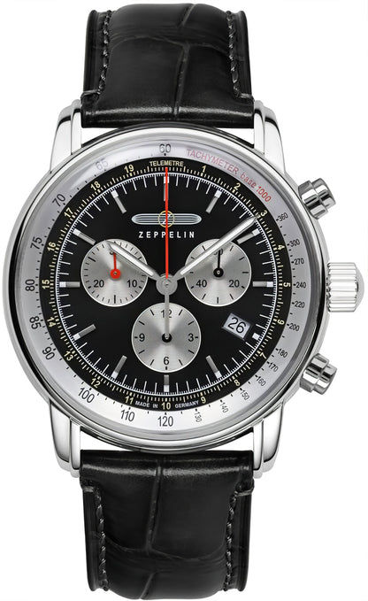 Zeppelin Chronograph-Herrenuhr: schwarzes Lederarmband, silbernes Gehäuse, schwarzes Zifferblatt