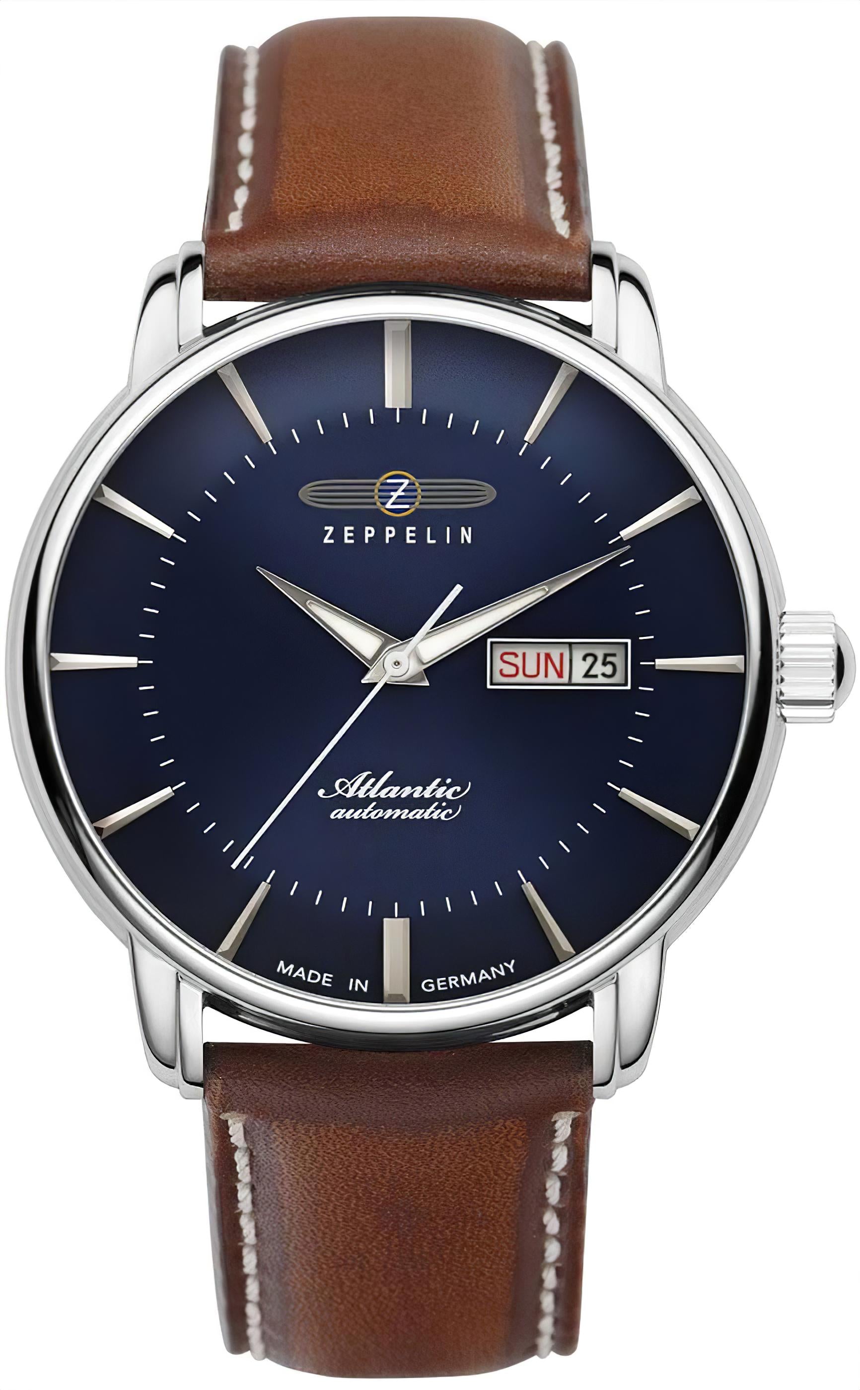 Herrenuhr Zeppelin Atlantic mit dunkelblauem Zifferblatt, braunem Lederband und Tages-/Datumsanzeige