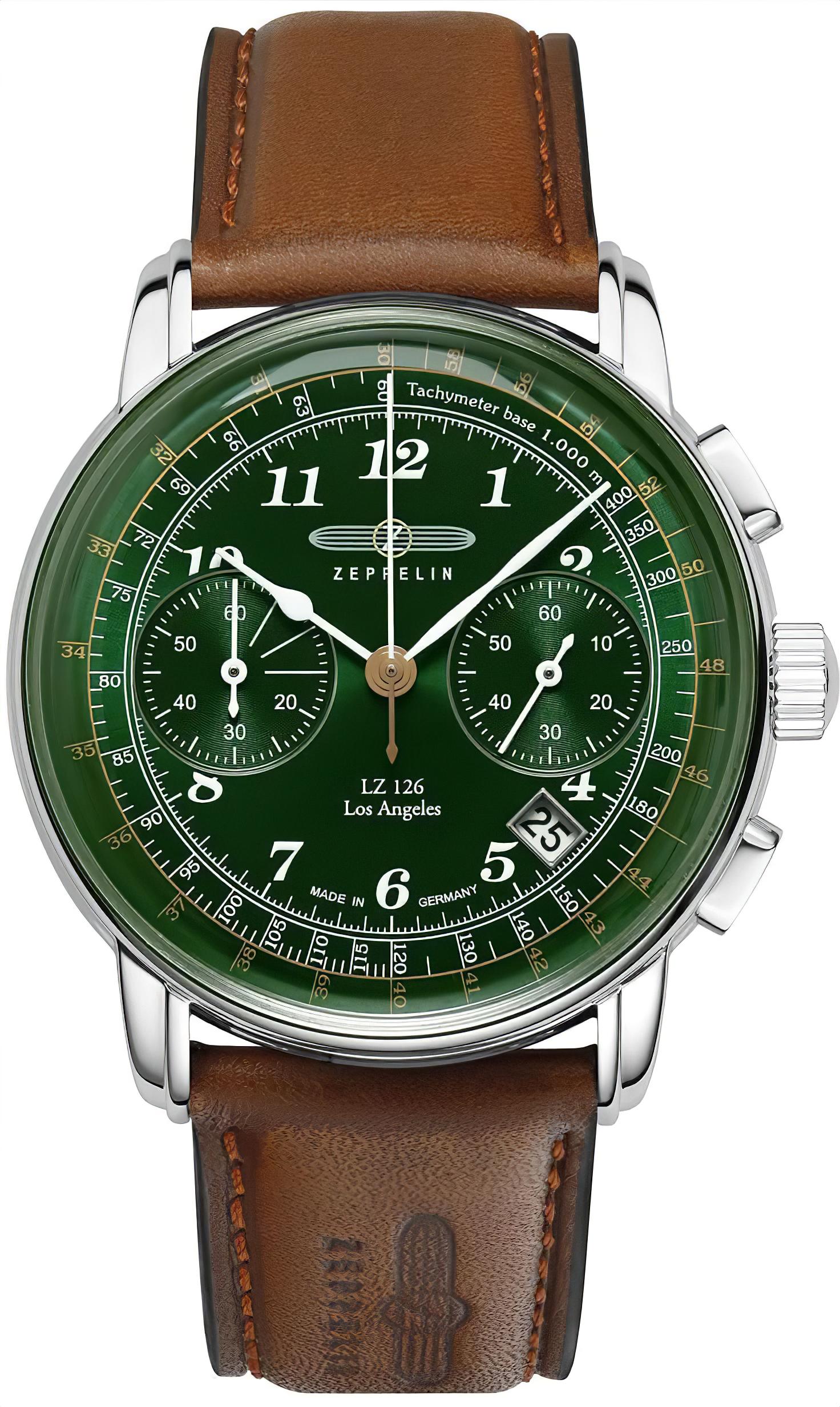 Herrenchronograph mit grünem Zifferblatt, silbernem Gehäuse und braunem Lederarmband