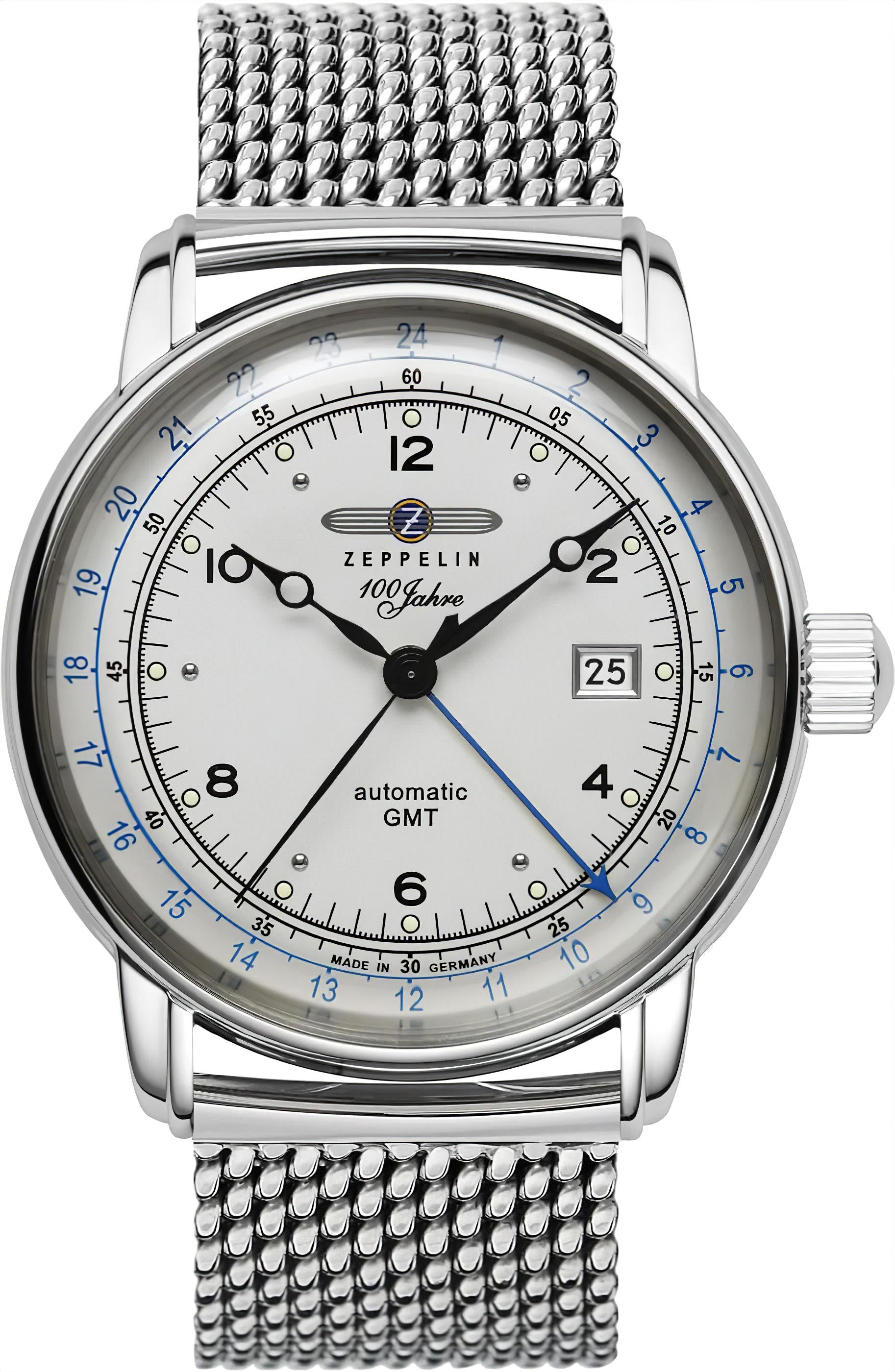 Zeppelin Herrenarmbanduhr mit silbernem Meshband, Automatik-GMT Zifferblatt und Datumsfenster