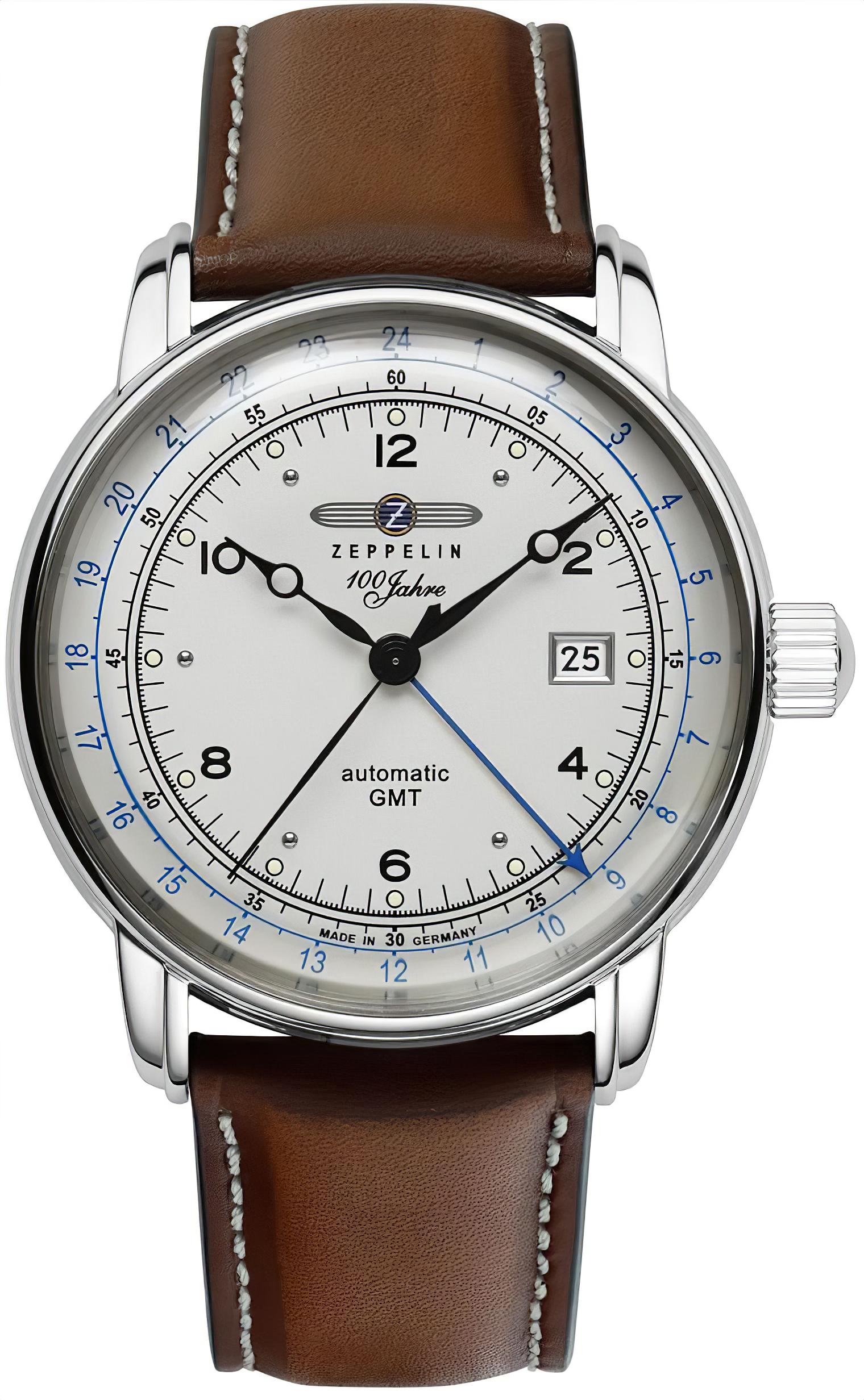 Herrenuhr mit silbernem Gehäuse und braunem Lederarmband, GMT-Zifferblatt mit Datum