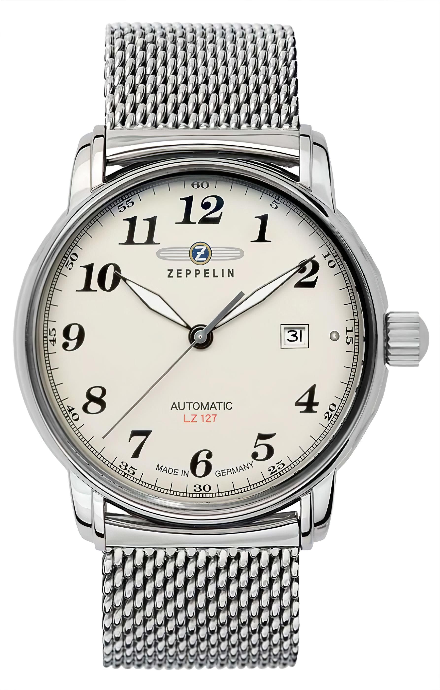 Zeppelin Herren-Armbanduhr mit silbernem Metallband, beigem Zifferblatt, Datum bei 3, Automatik