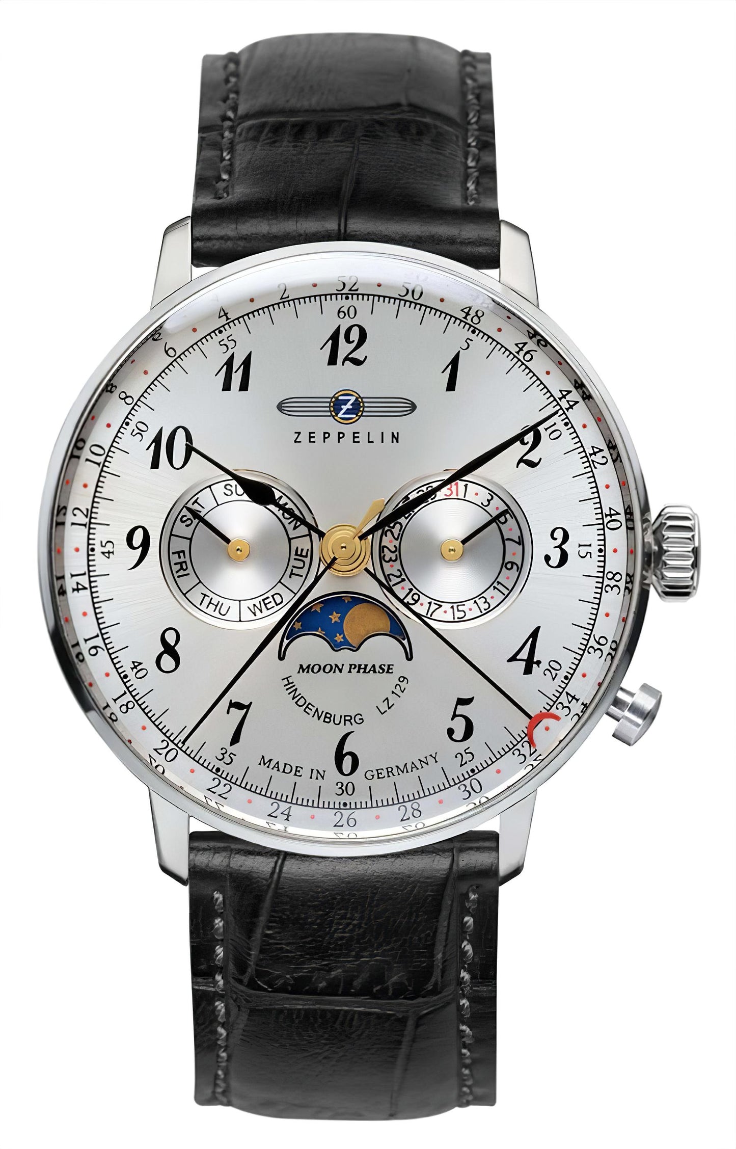 Herrenuhr mit schwarzem Lederarmband, silbernem Gehäuse und weißem Zifferblatt mit Mondphase