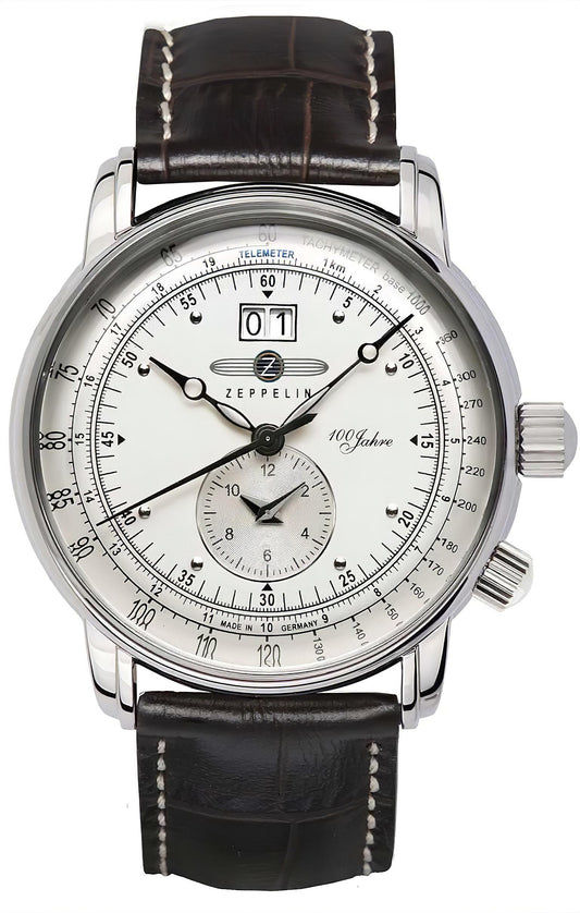 Zeppelin Herrenuhr: weißes Zifferblatt, Datumsfenster 01, schwarzes Lederband