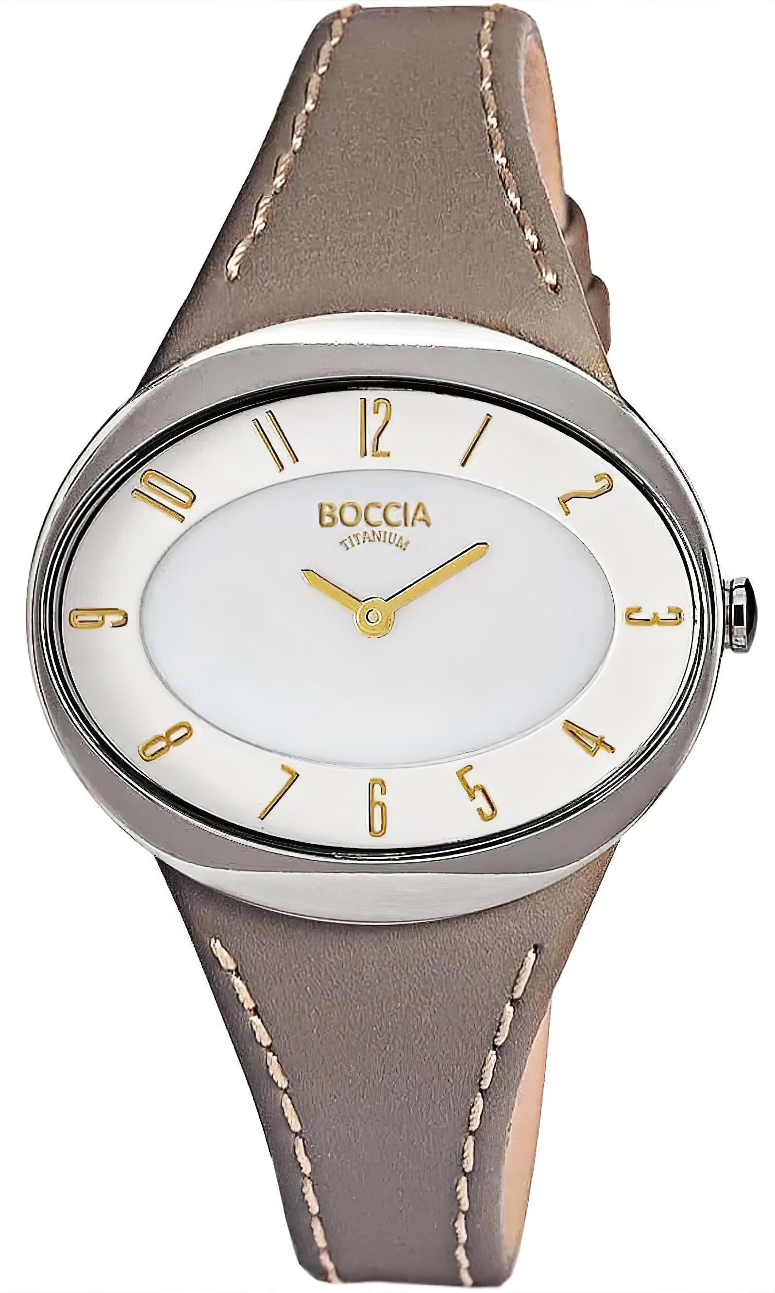 Boccia Damenuhr mit braunem Lederarmband, silbernem Gehäuse und weißem Zifferblatt