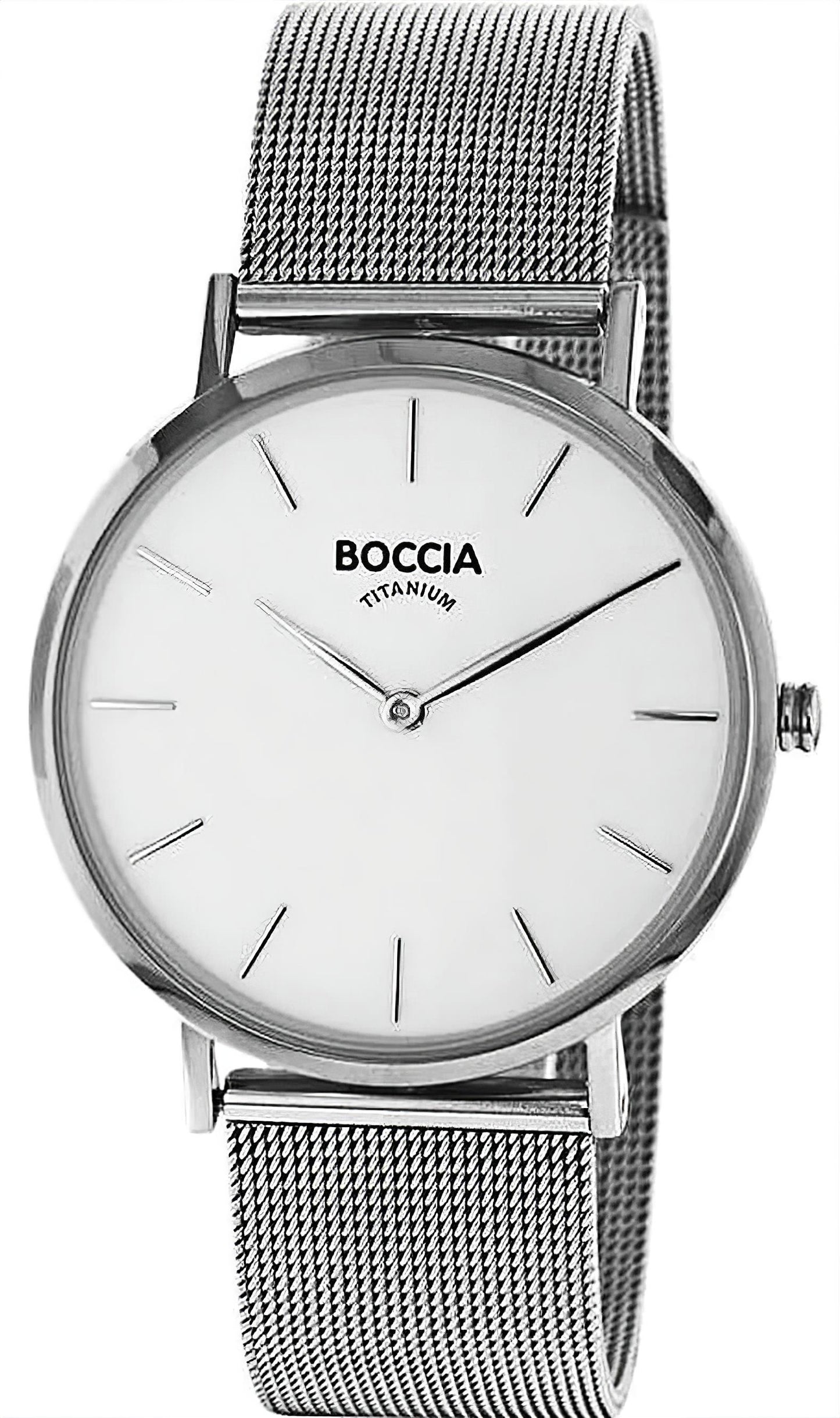 Boccia Herrenuhr mit rundem silbernem Mesh-Armband und weißem Zifferblatt