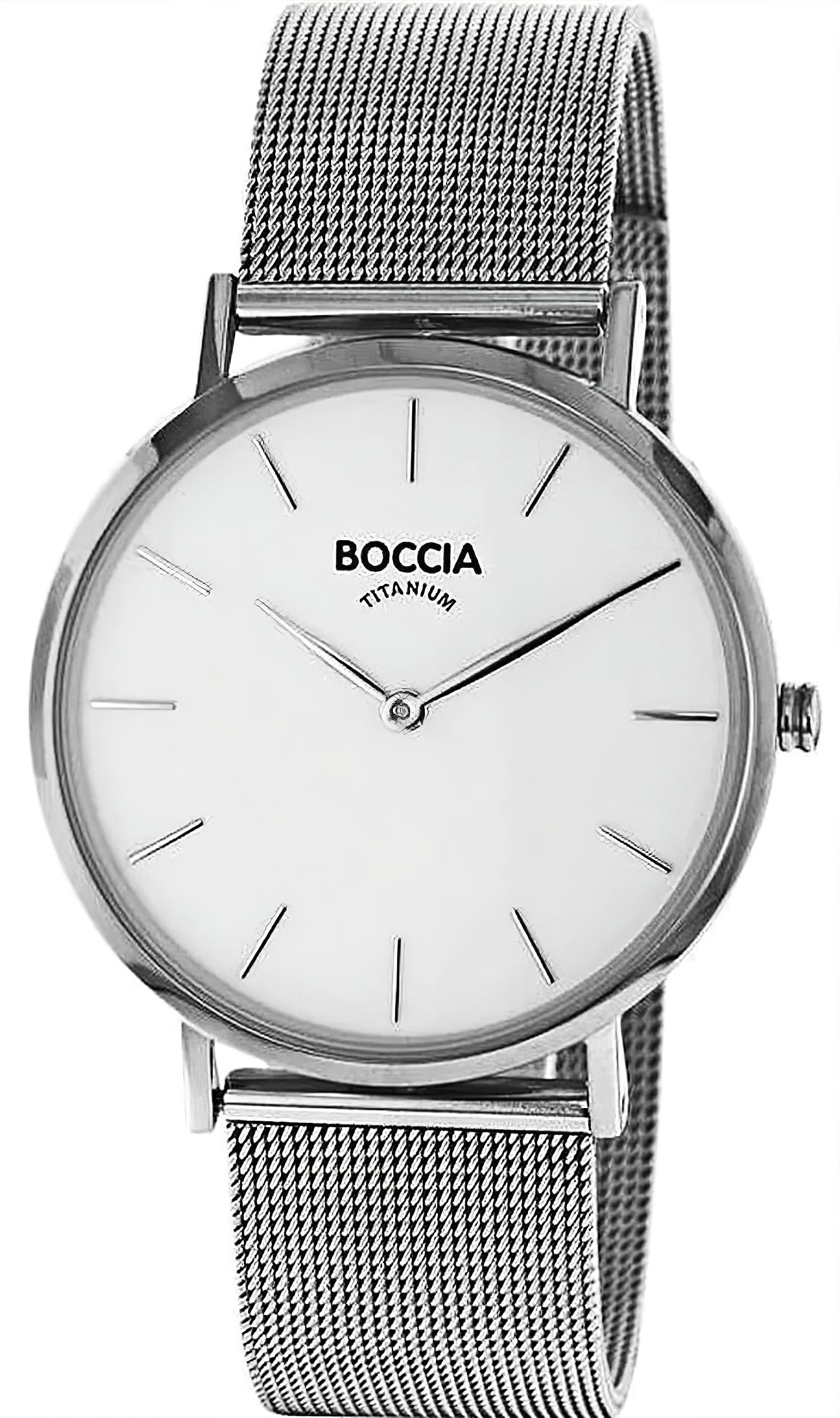 Boccia Herrenuhr mit rundem silbernem Mesh-Armband und weißem Zifferblatt