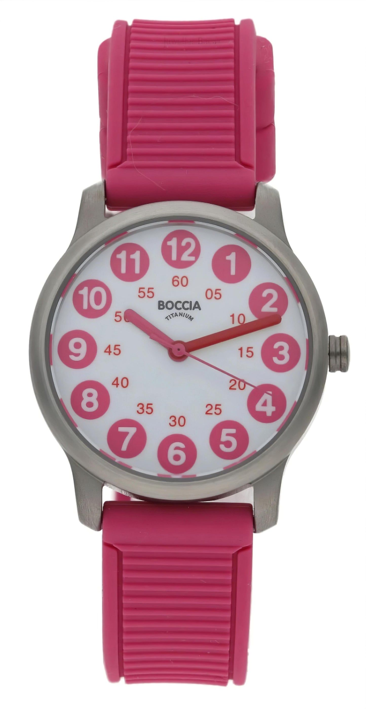 Boccia-Uhr mit rundem Zifferblatt und pinkem Silikonarmband, silbernes Gehäuse