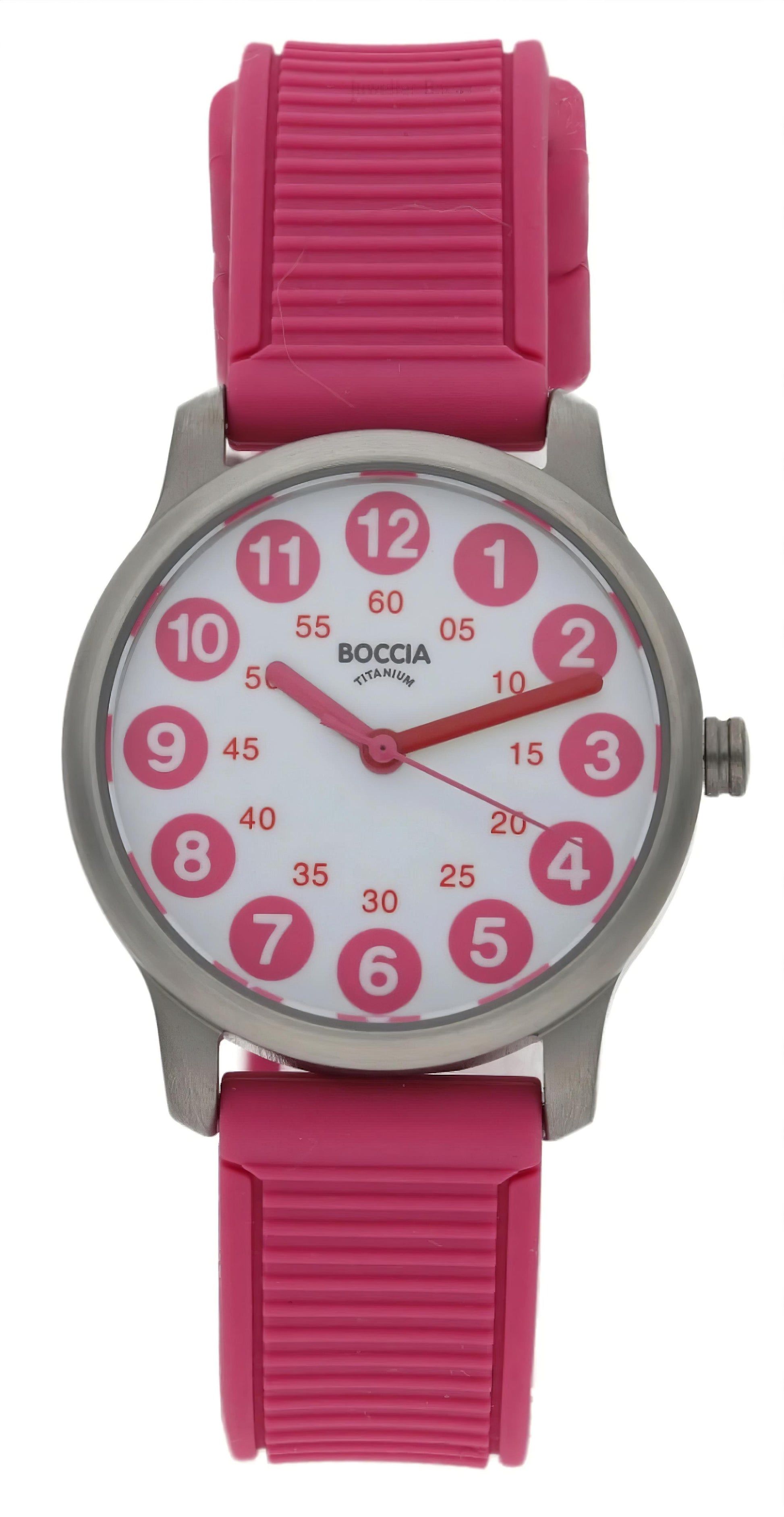 Boccia-Uhr mit rundem Zifferblatt und pinkem Silikonarmband, silbernes Gehäuse