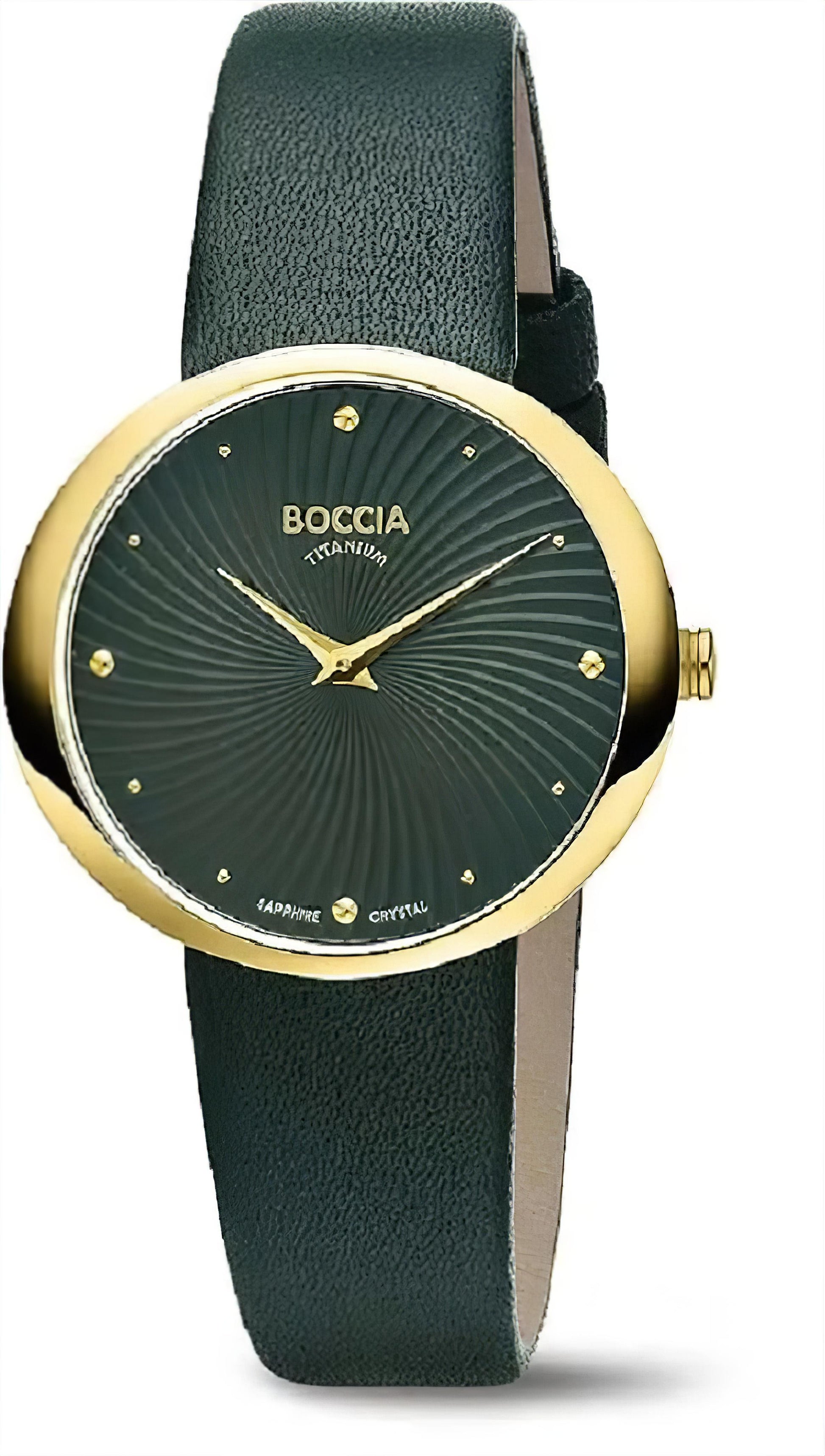 Boccia Damenuhr mit grünem Lederband, rundem goldfarbenem Gehäuse und dunklem Zifferblatt