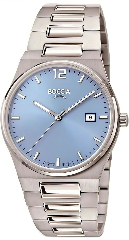 Herrenarmbanduhr Boccia mit silberfarbenem Edelstahlband, blauem Zifferblatt und Datumsanzeige
