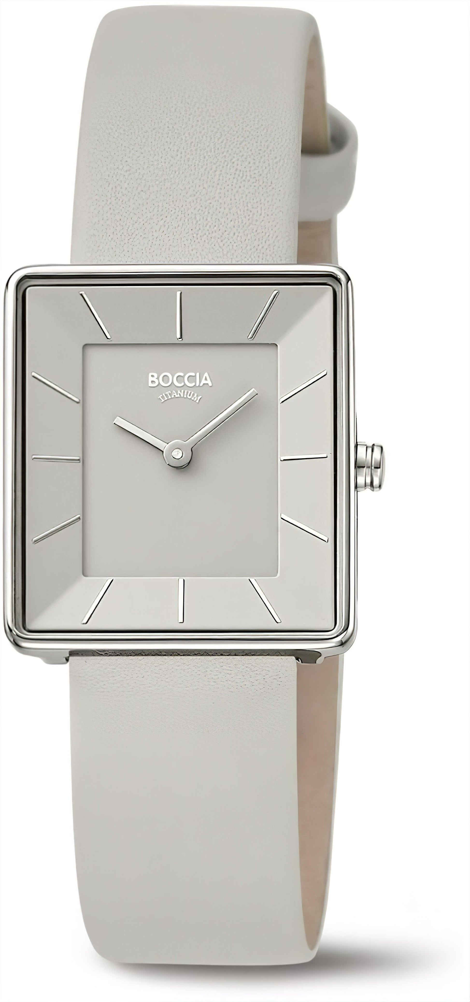 Damenuhr von Boccia mit quadratischem Gehäuse, weißem Zifferblatt und hellem Lederarmband