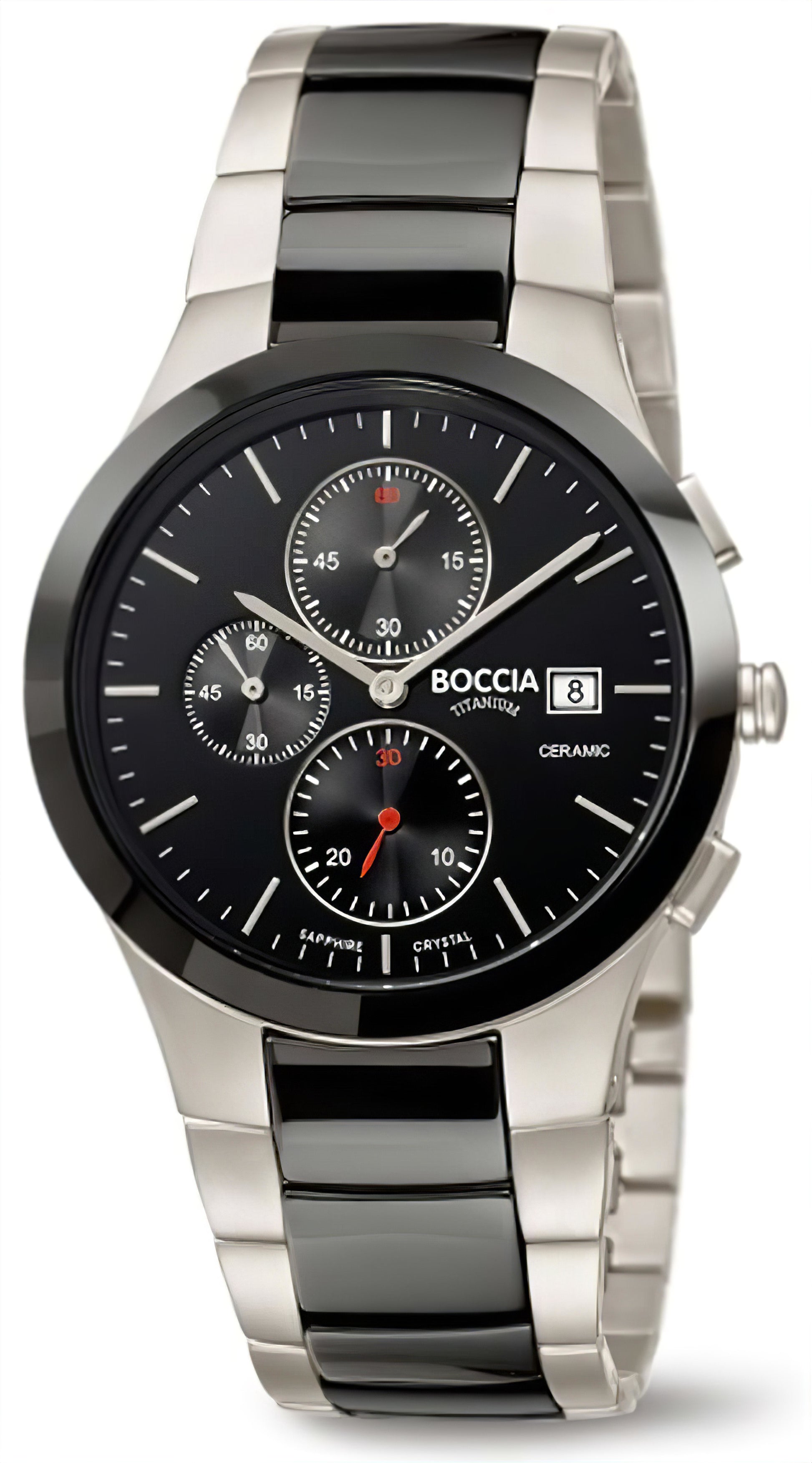 Herrenuhr BOCCIA mit Metallarmband, schwarzem Zifferblatt und Datumsanzeige