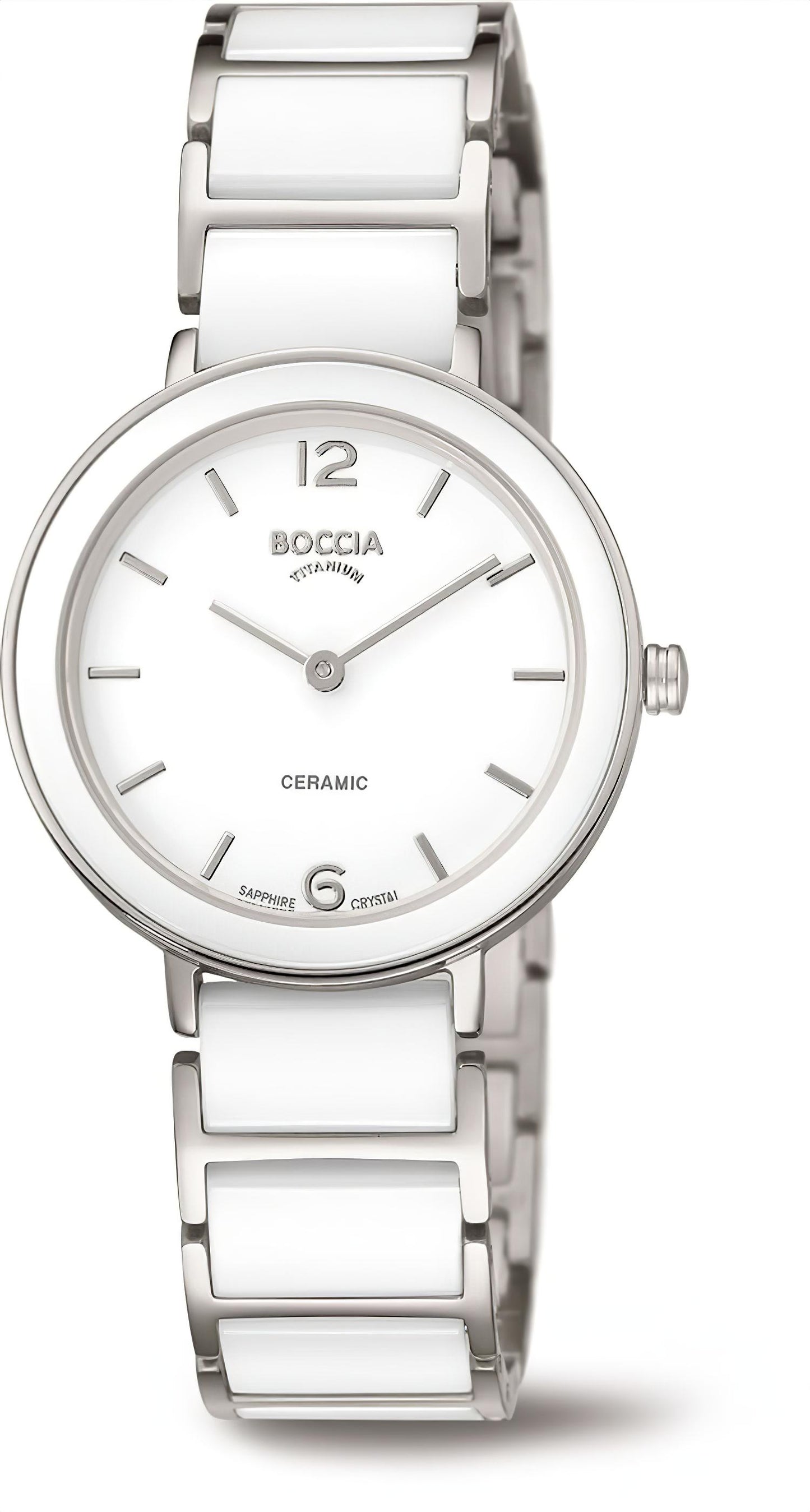 Boccia Damenarmbanduhr mit weißem Zifferblatt, Keramikmarkierungen und Edelstahlband