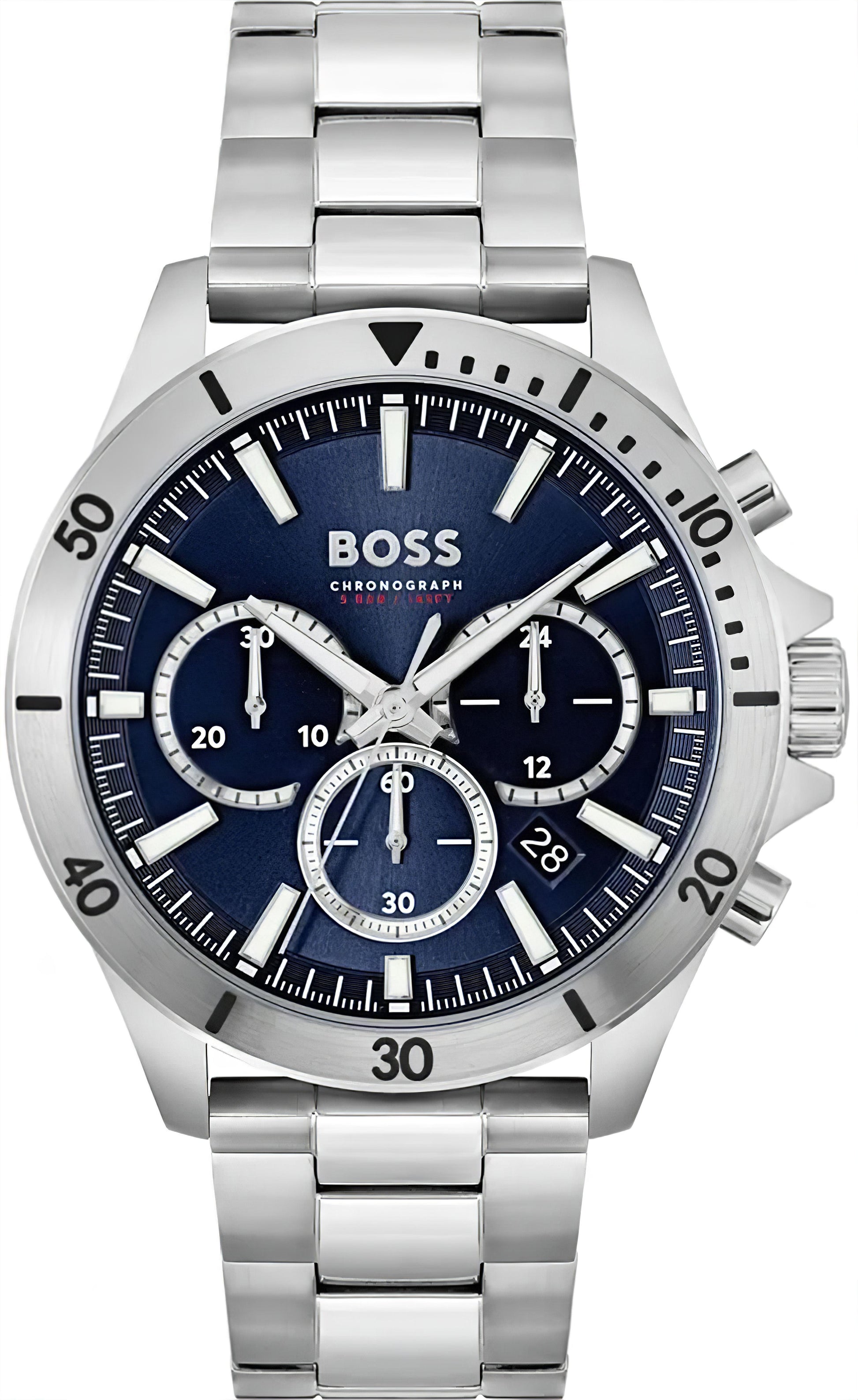 BOSS Herren-Chronograph mit blauem Zifferblatt, Edelstahlarmband und drei Zählern
