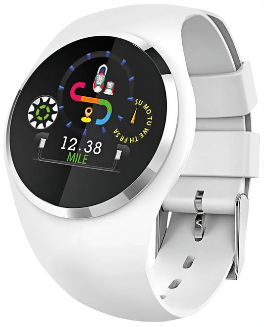 Atlanta Smartwatch mit rundem Display, schwarzem Ziffernblatt und weißem Silikonarmband