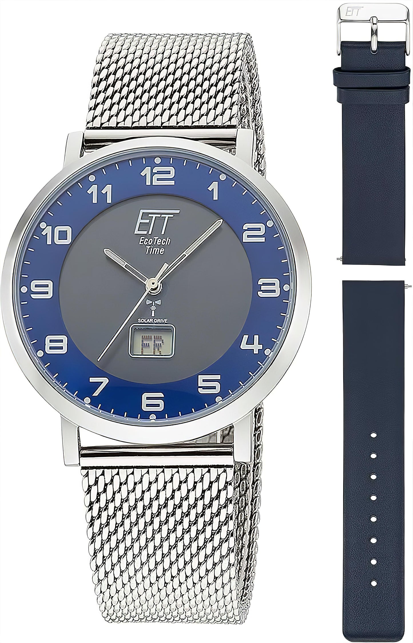 Eco Tech Time Herren-Solarfunkuhr mit blauem Zifferblatt und Metall-Mesh-Armband