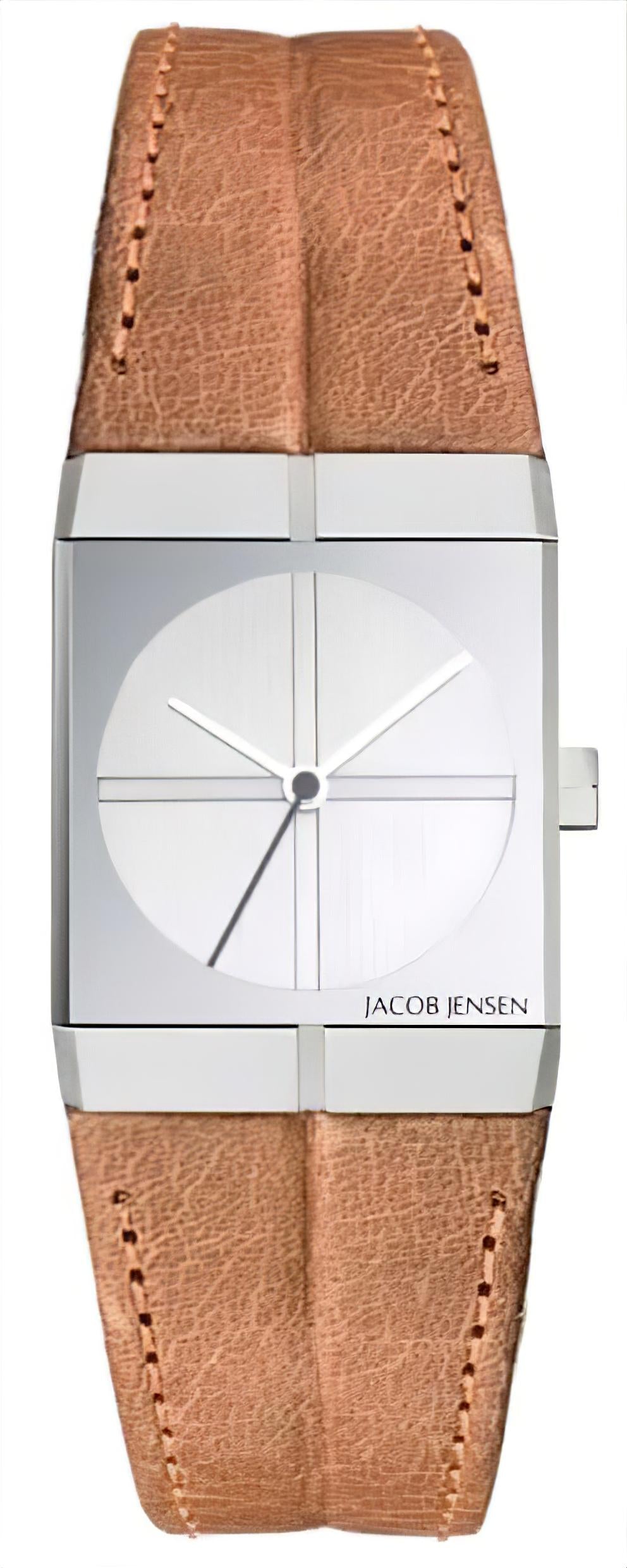 Jacob Jensen Damenuhr mit braunem Lederarmband, silbernem Gehäuse und weißem Zifferblatt