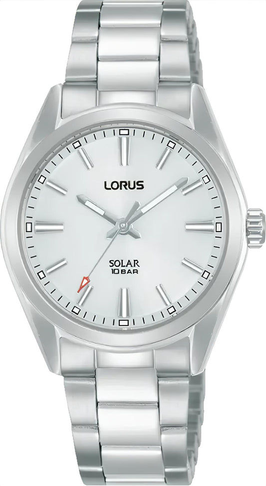 Silberfarbene Lorus Solararmbanduhr mit rundem Zifferblatt und 3 Zeigern