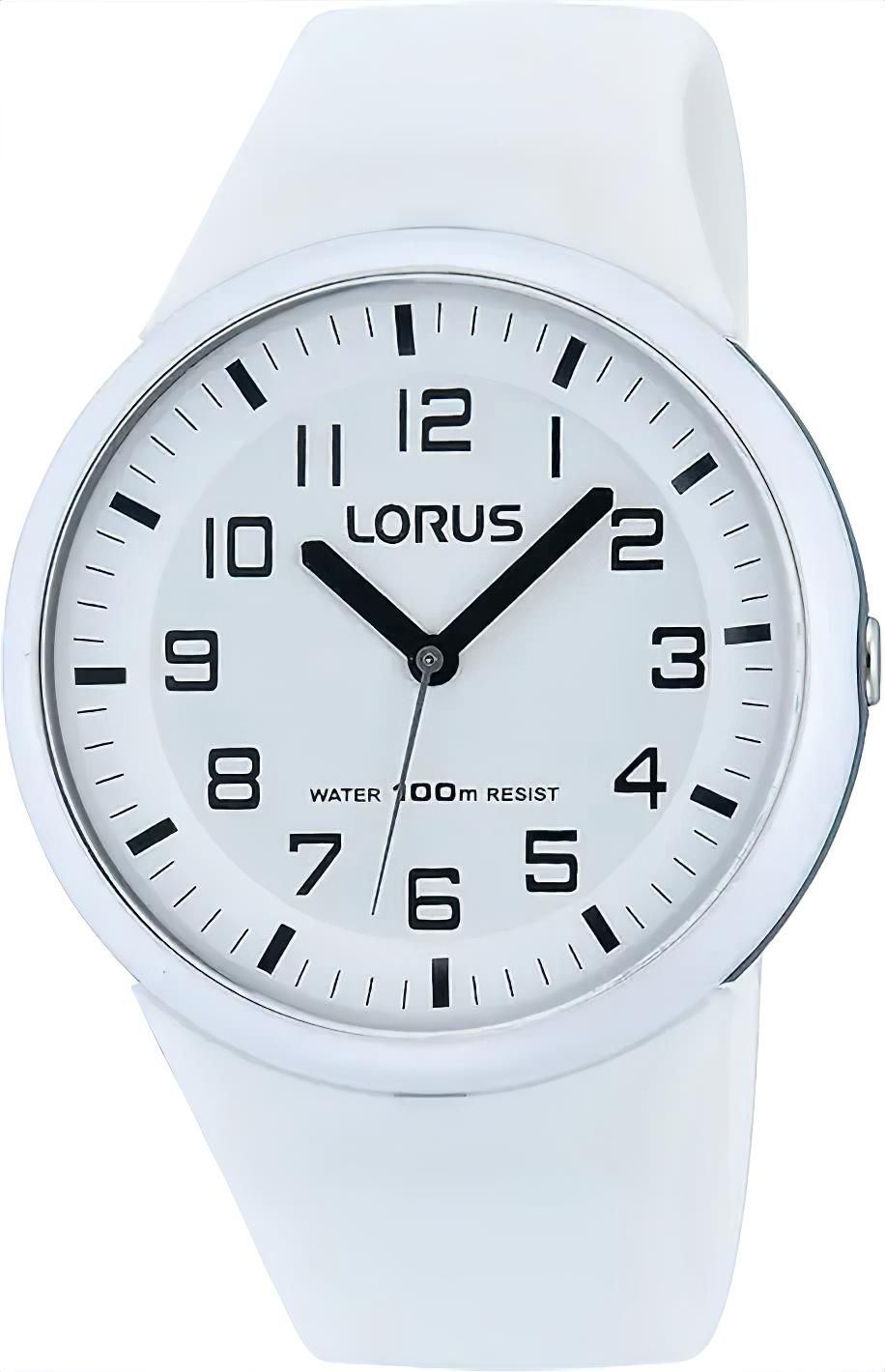 Lorus Quarzuhr mit weißem Zifferblatt und schwarzem Ziffern- und Sekundenzeiger, weißem Armband