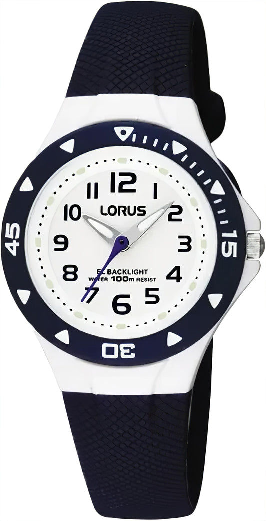 Lorus Kinderuhr mit dunklem Textilarmband, weißem Zifferblatt und drehbarer Lünette