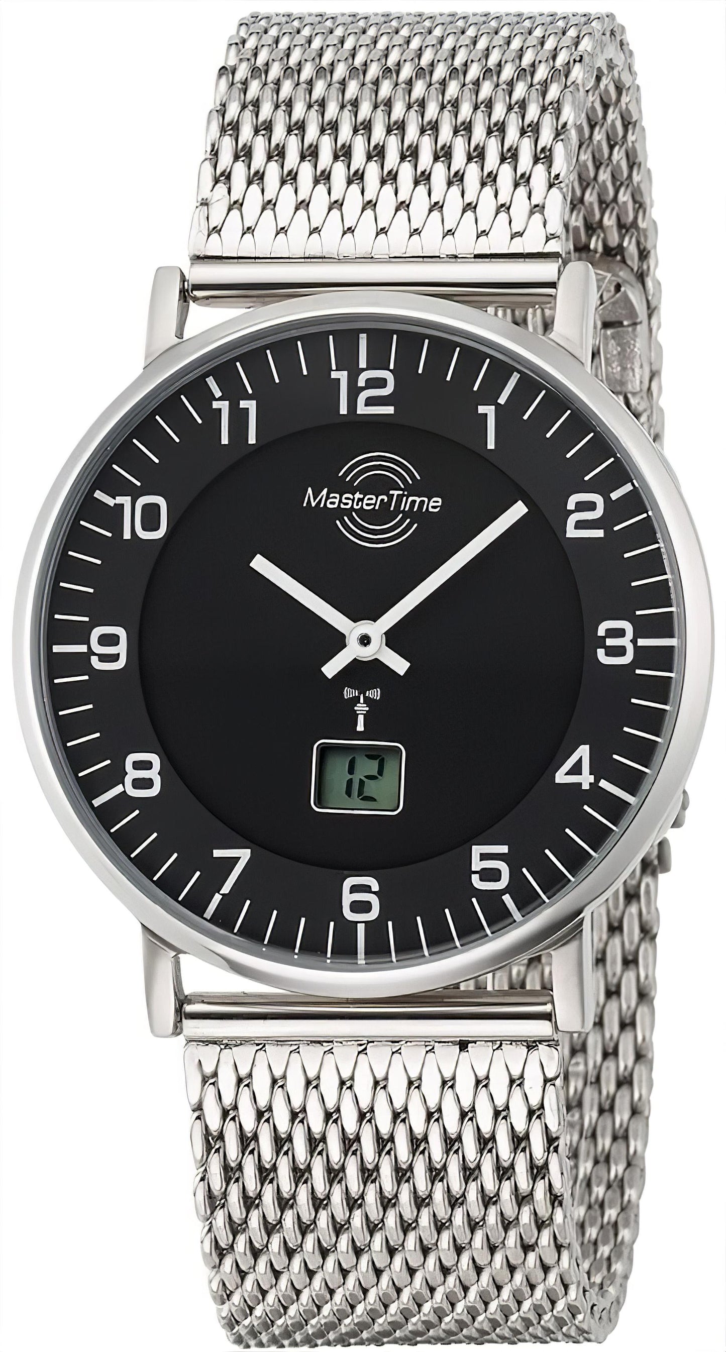 Herrenarmbanduhr MasterTime mit silbernem Meshband und schwarzem Zifferblatt, Analog + Display