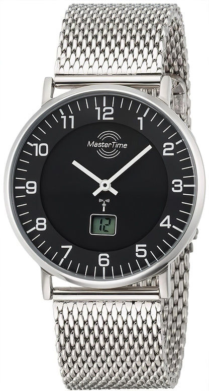 Herrenarmbanduhr MasterTime mit silbernem Meshband und schwarzem Zifferblatt, Analog + Display