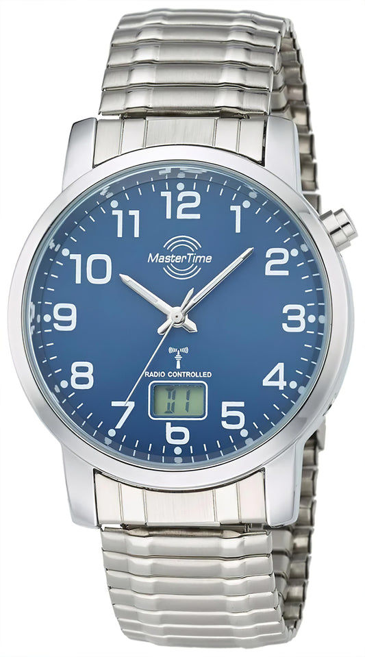 MasterTime Herrenuhr mit blauem Zifferblatt, Strichindizes und Edelstahlarmband, Funk
