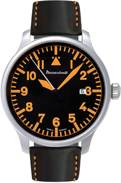 Messerschmitt Fliegeruhr ME-420BL mit schwarzem Zifferblatt, orangefarbenen Markierungen, Lederarmband