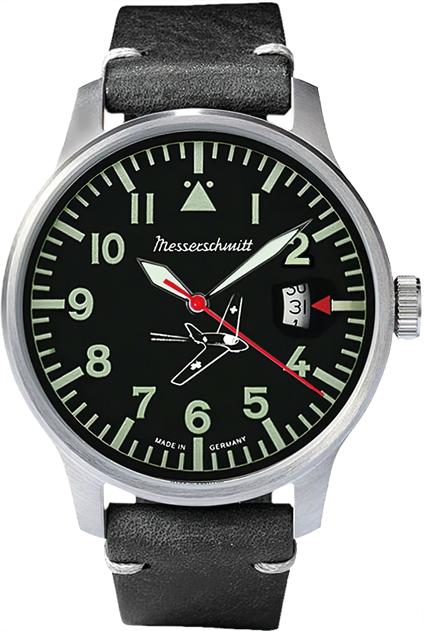 Messerschmitt Herrenuhr mit schwarzem Zifferblatt, roten Zeigern, Datum und Lederarmband.