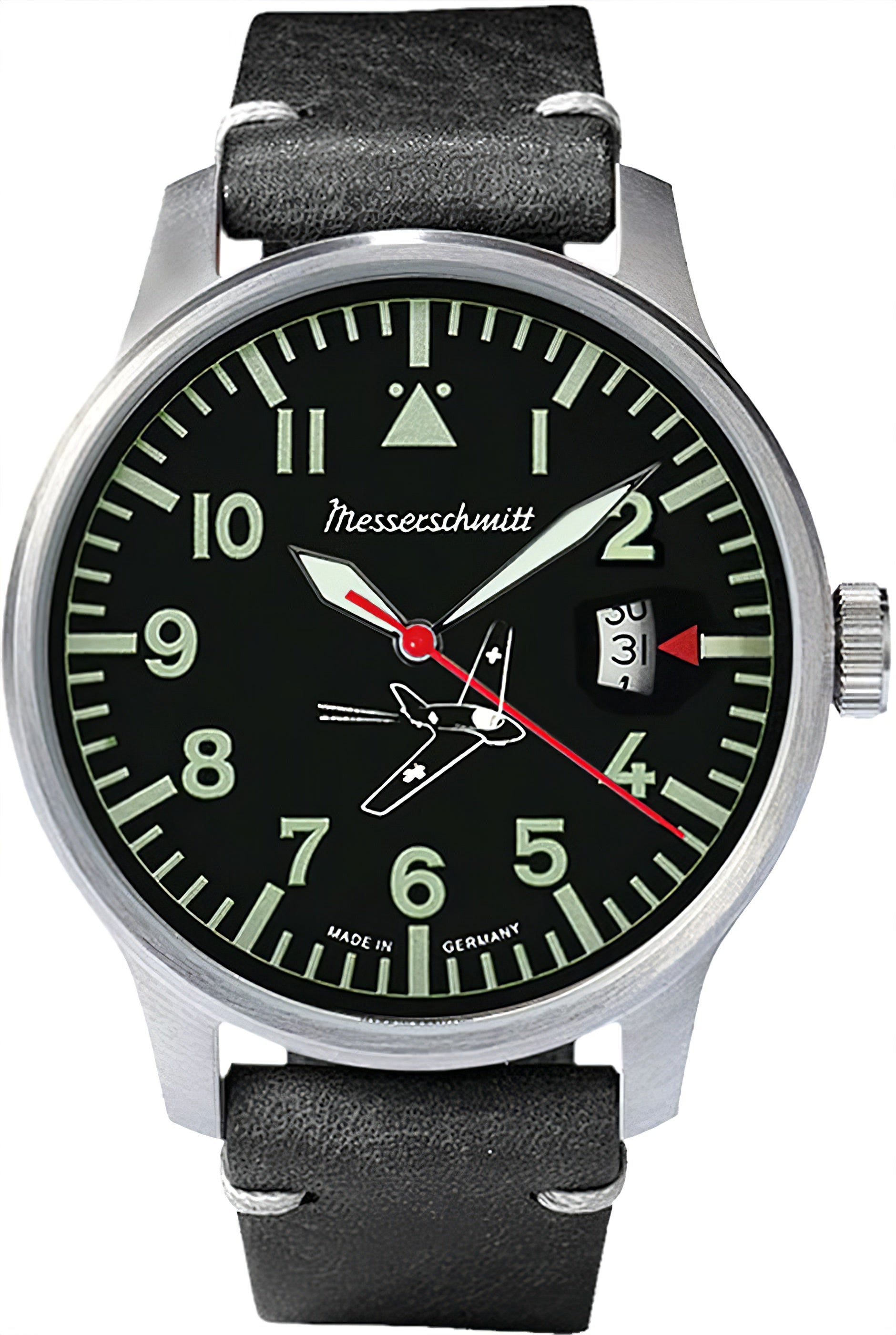 Messerschmitt Herrenuhr mit schwarzem Zifferblatt, roten Zeigern, Datum und Lederarmband.