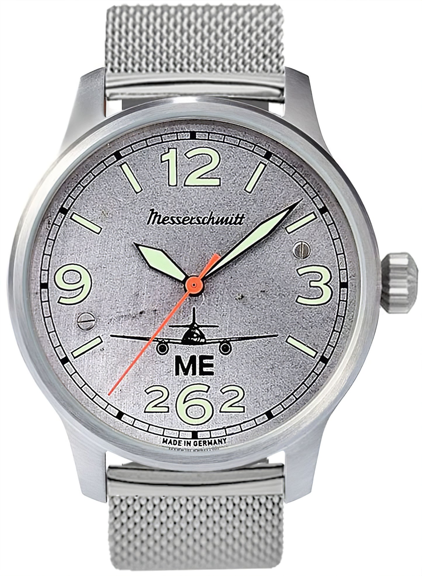Messerschmitt ME 262 Herrenuhr mit silbernem Mesh-Armband, grauem Zifferblatt, grünen Akzenten, orangefarbenem Sekundenzeiger