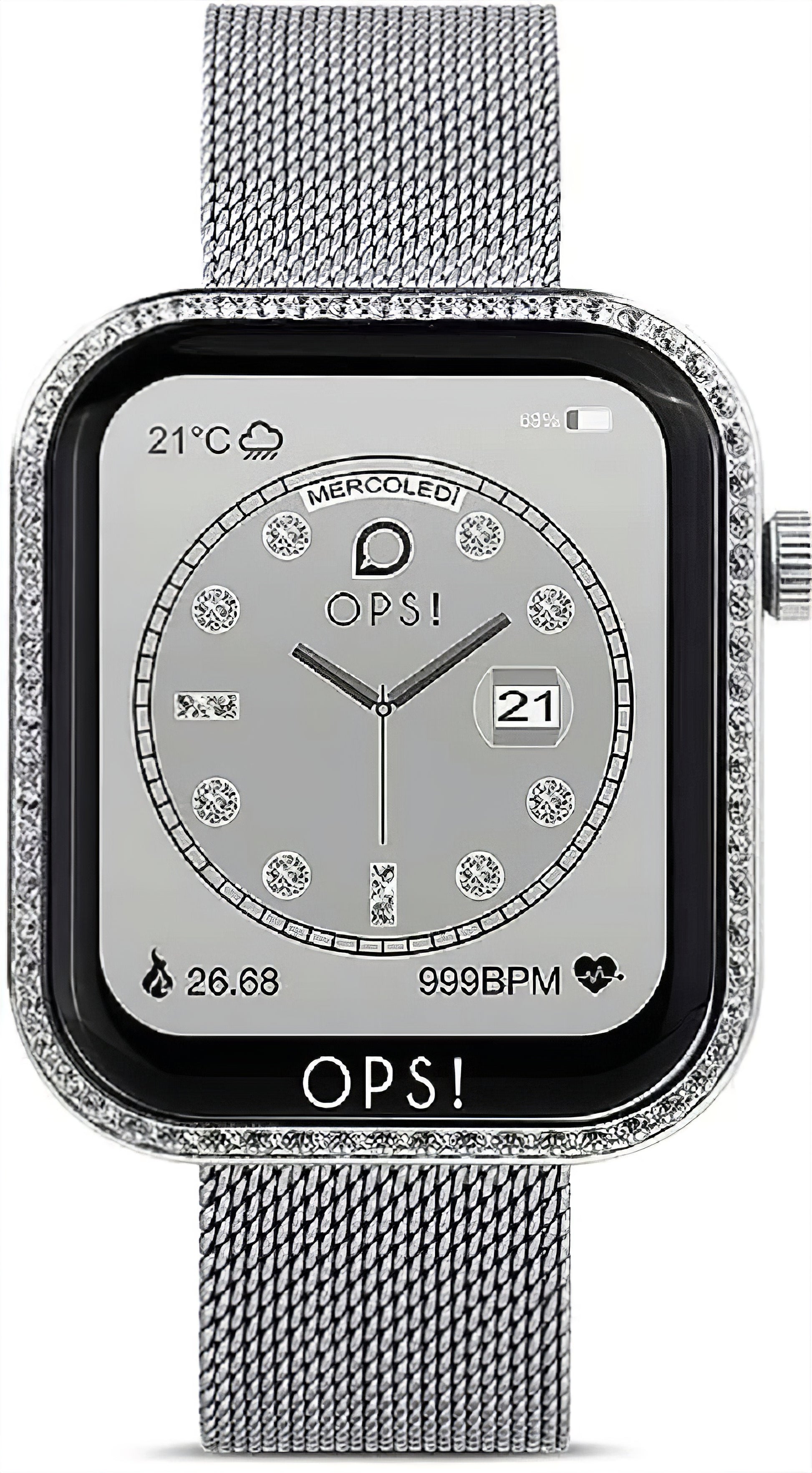 Damen-Smartwatch OPS! mit silbernem Meshband und rundem Display
