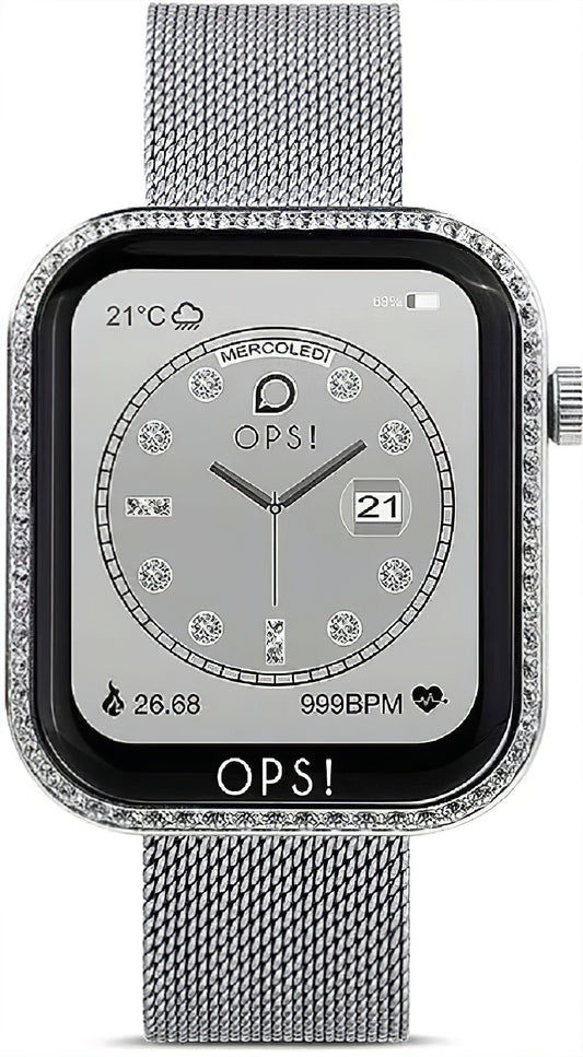 Damen-Smartwatch OPS! mit silbernem Meshband und rundem Display