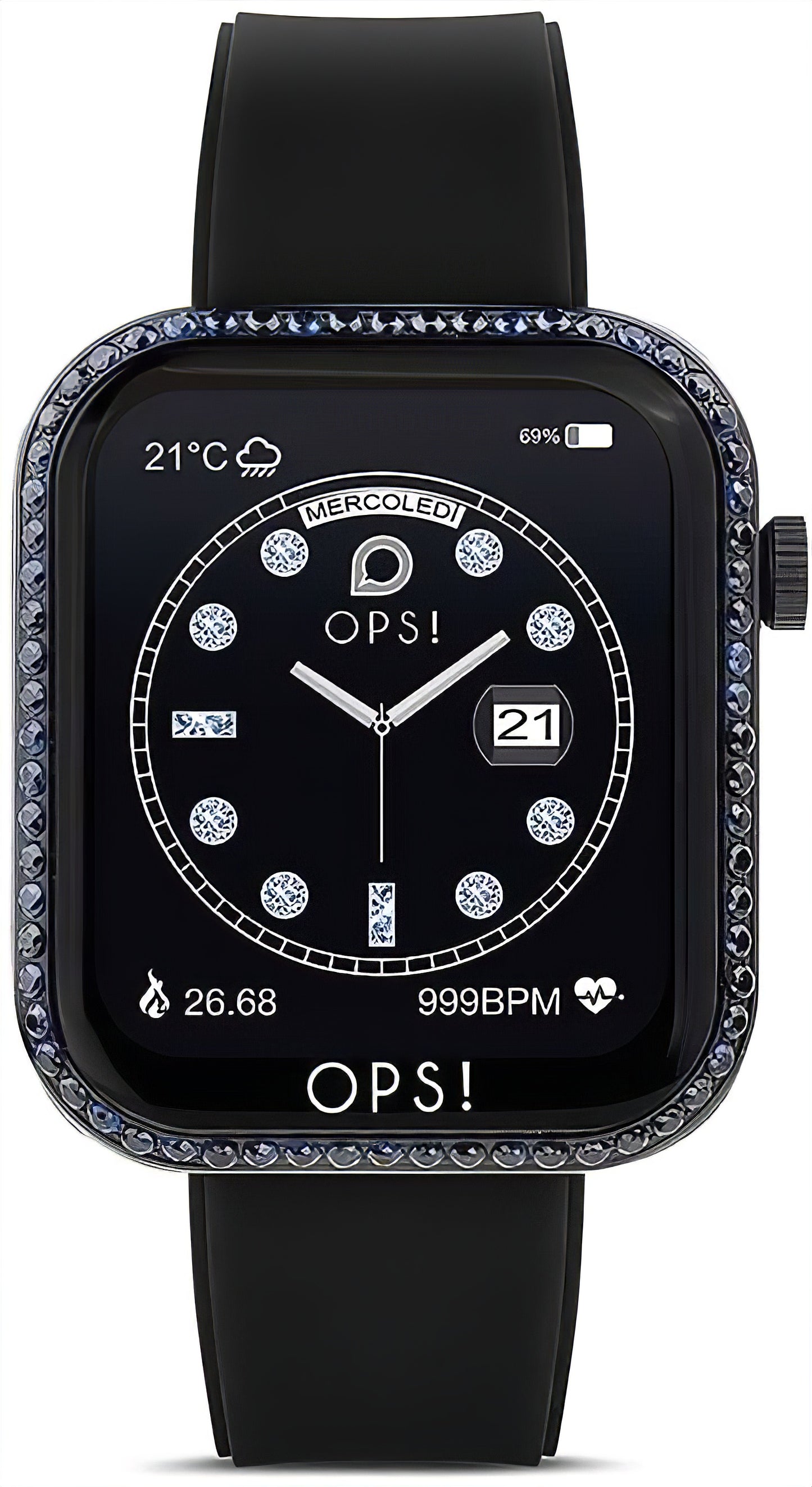 OPS! Smartwatch mit rundem Display und schwarzem Armband, UI mit Uhrzeit und Datum