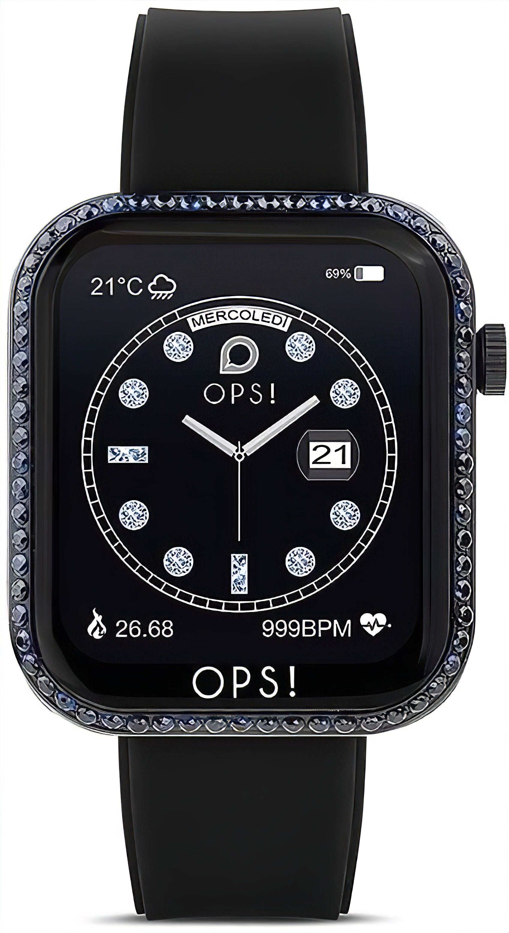 OPS! Smartwatch mit rundem Display und schwarzem Armband, UI mit Uhrzeit und Datum