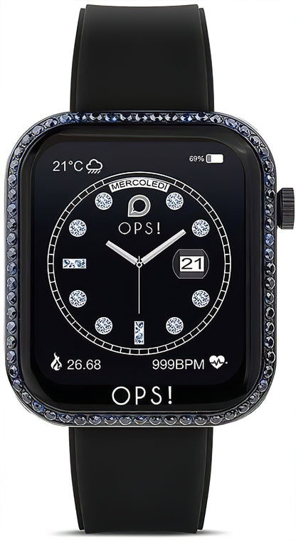 OPS! Smartwatch mit rundem Display und schwarzem Armband, UI mit Uhrzeit und Datum