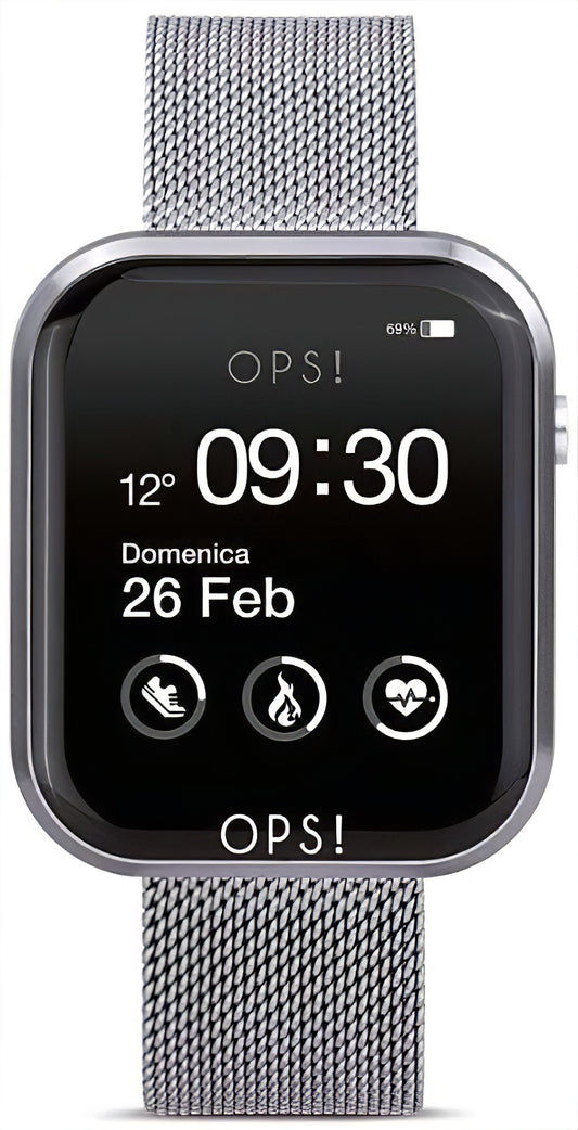 Smartwatch mit Metall-Mesharmband und schwarzem Display, Uhrzeit 09:30