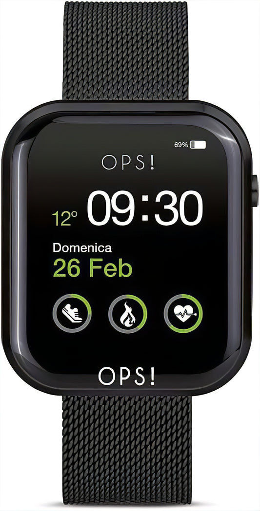 Unisex-Smartwatch mit schwarzem Display und schwarzem Metallgeflecht-Armband